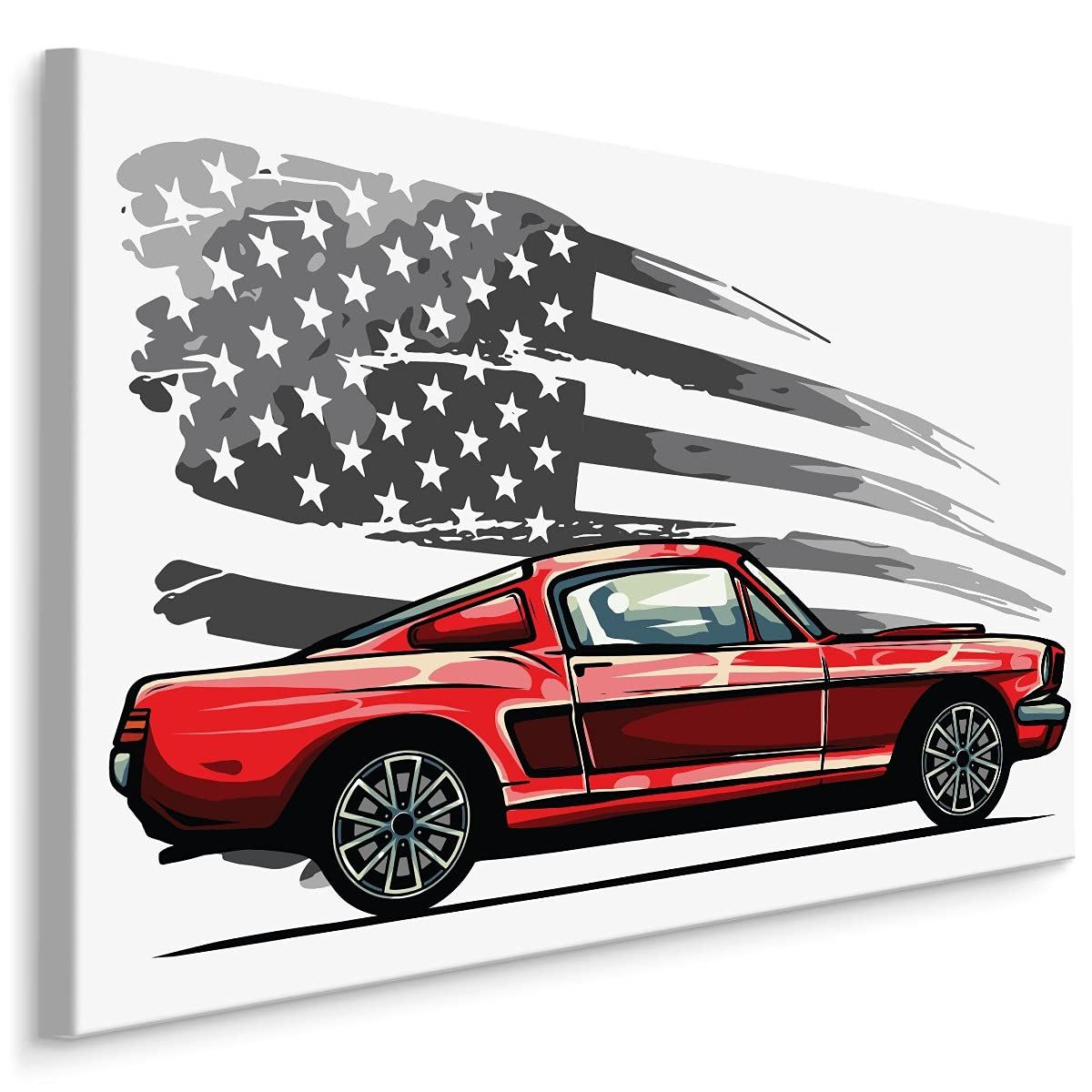 Muralo Leinwandbild Abstrakt – Leinwandbild Wandbild Kunstdruck Wohnzimmer, Abstrakt (1 St), Rotes Auto – Flagge – USA, 30 x 20 cm, aufhängefertig