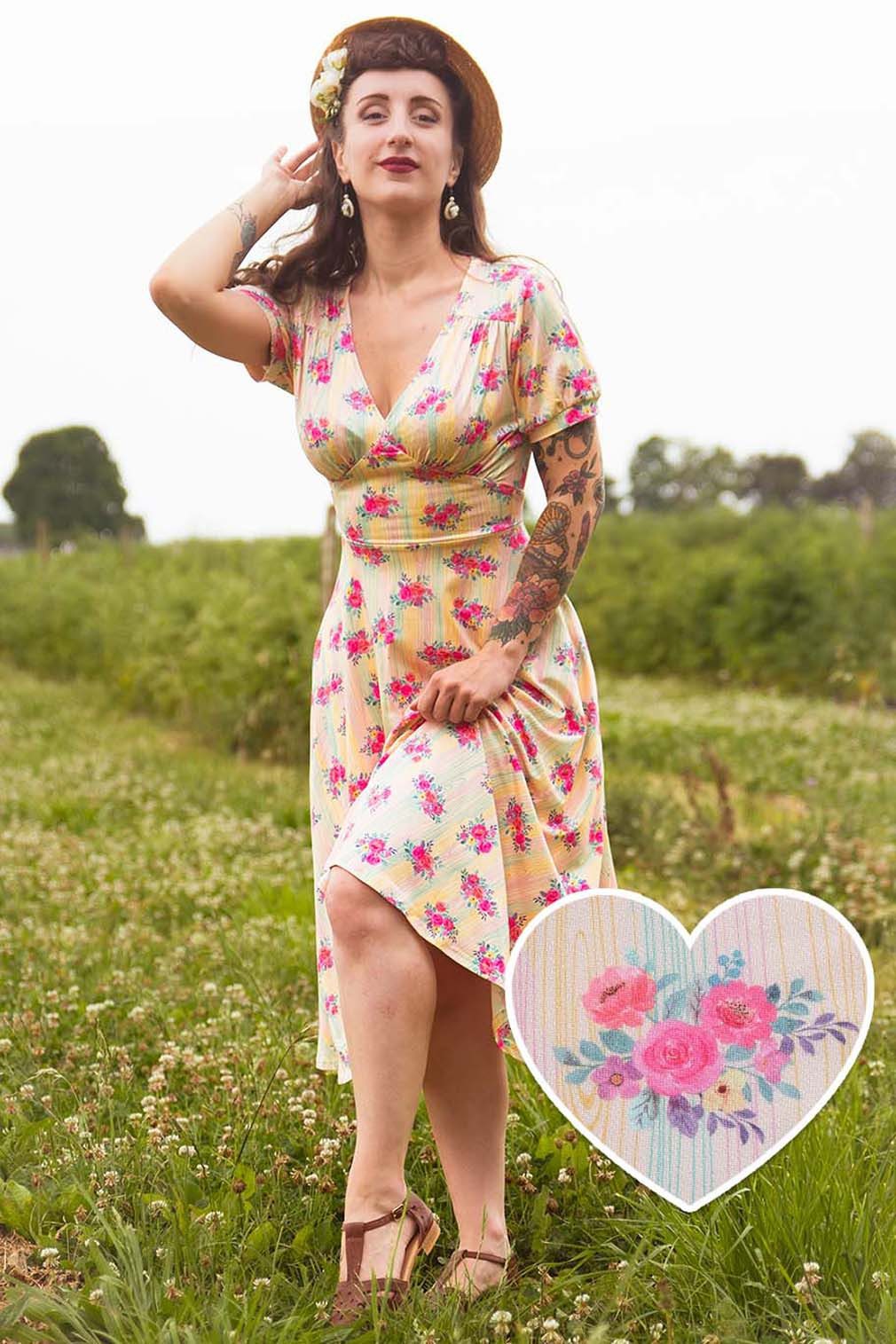 Dolly and Dotty A-Linien-Kleid Julia Pastel Yellow Floral Vintage Retro Roc günstig online kaufen