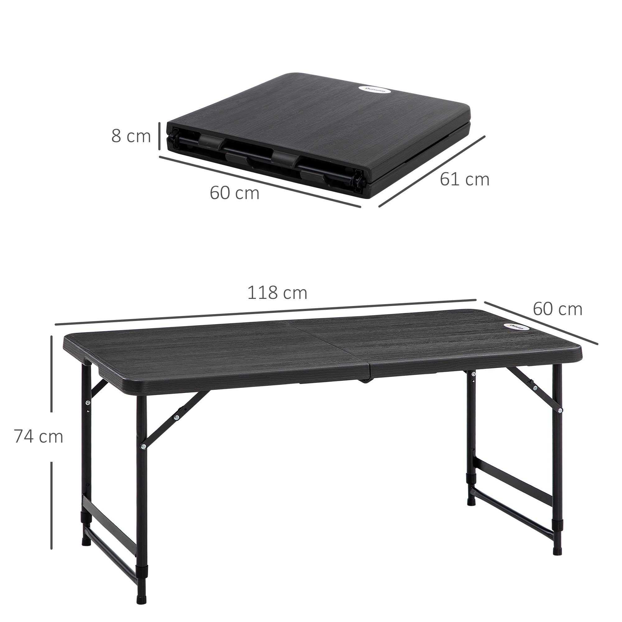 Outsunny Gartentisch klappbar Kunststoff Wetterfest, rutschfest Buffettisch Campingtisch (Terrassentisch für 4 Personen, 1-St., Höhenverstellbarer Klapptisch), HDPE 118 x 60 x 74 cm, Dunkelgrau