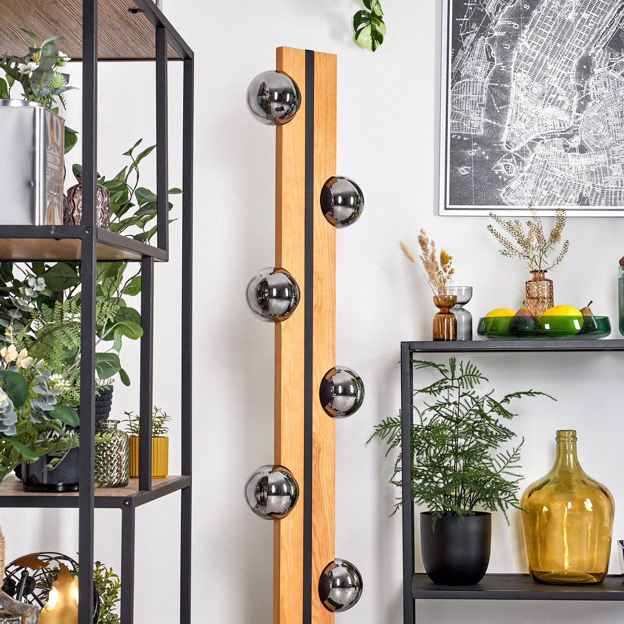 hofstein Stehlampe Stehlampe aus Holz/Metall/Glas in Natur/Schwarz/Chrom-/Rauchfarben, ohne Leuchtmittel, 120cm, G9, Fußschalter - Wohnzimmer, Schlafzimmer, Esszimmer, Flur