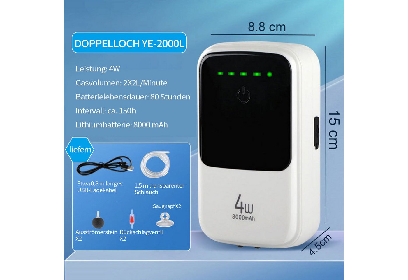 Thumbnail - Refttenw Aquarium-Durchlüfterpumpe Aquarium-Luftpumpe 4 W 8000 mAh USB-wiederaufladbare, 2L/min, IP67 Wasserdicht, Leise...