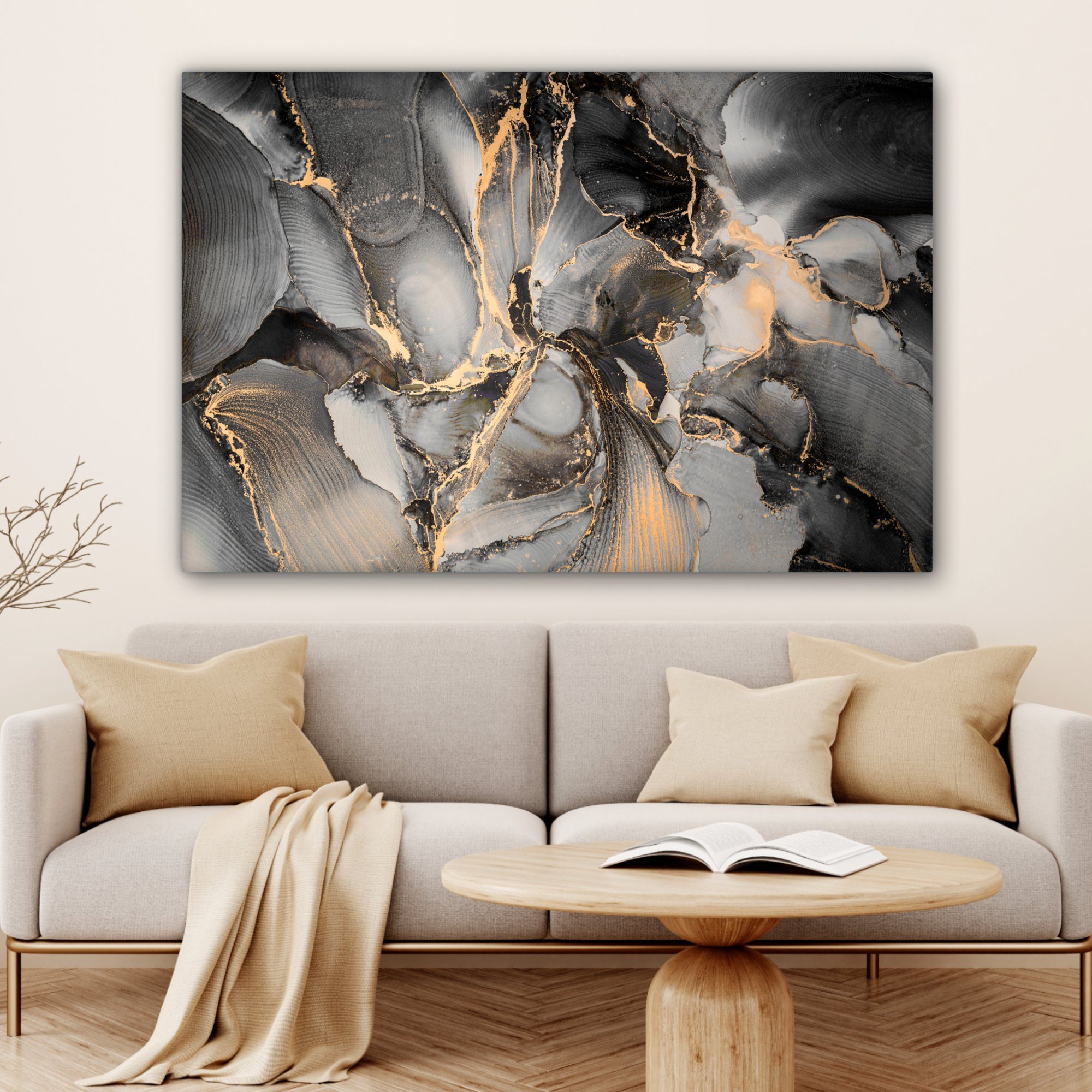 OneMillionCanvasses® Leinwandbild Grau - cm St), Marmor, für alle XXL, Wohnbereiche, (1 120x80 - Gold Gemälde, - großes, Wandbild Luxus