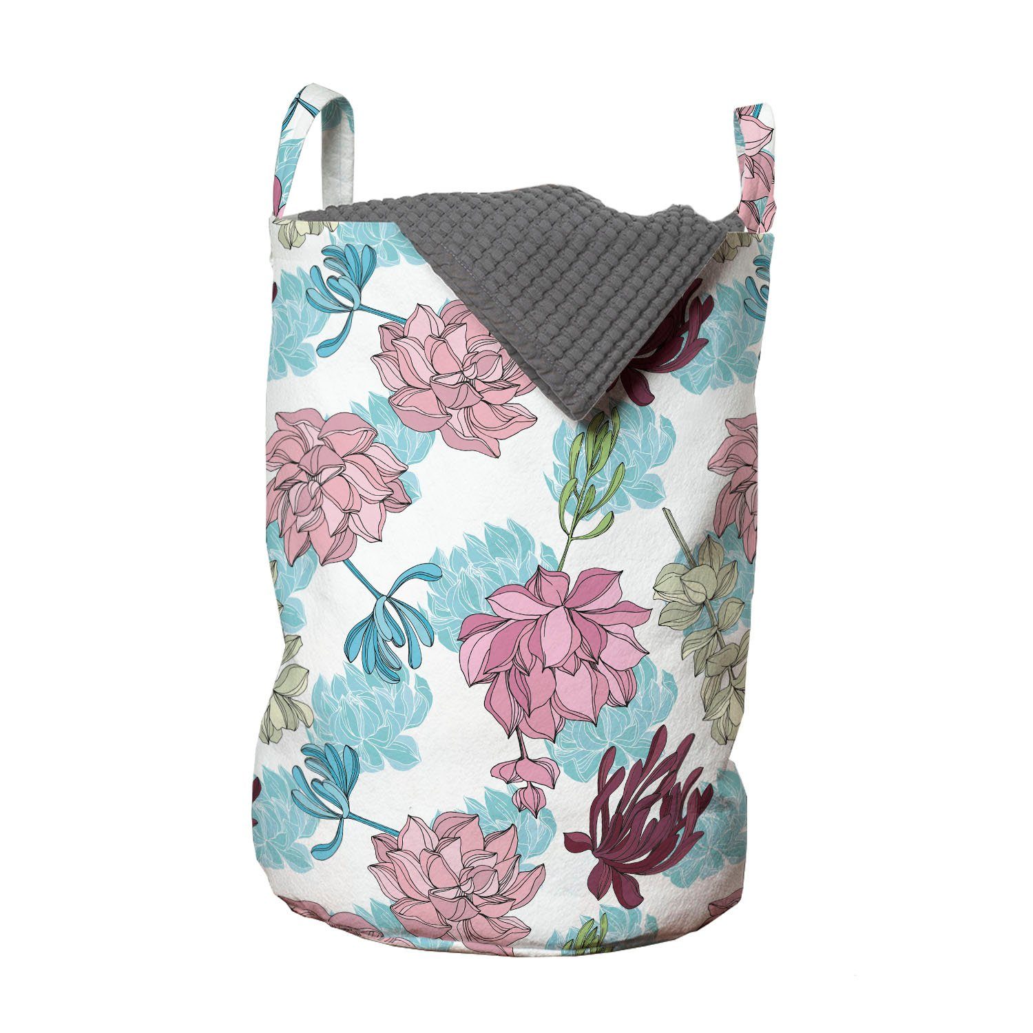 Abakuhaus Wäschesäckchen Wäschekorb mit Griffen Kordelzugverschluss für Waschsalons, Blau Und Pink Wilde Frühlings-Blätter