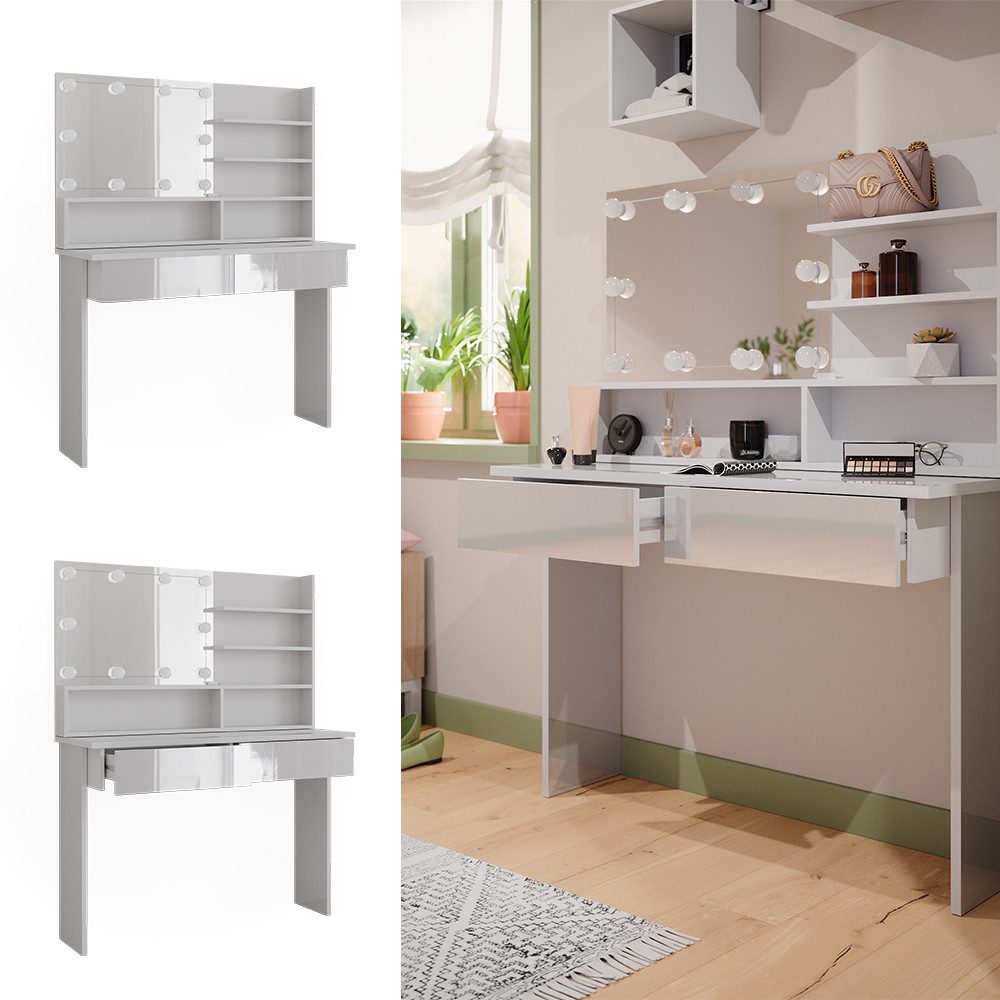 Vicco Schminktisch Azur, Weiß/Weiß Hochglanz, 120 cm mit LED Beleuchtung (2-St)