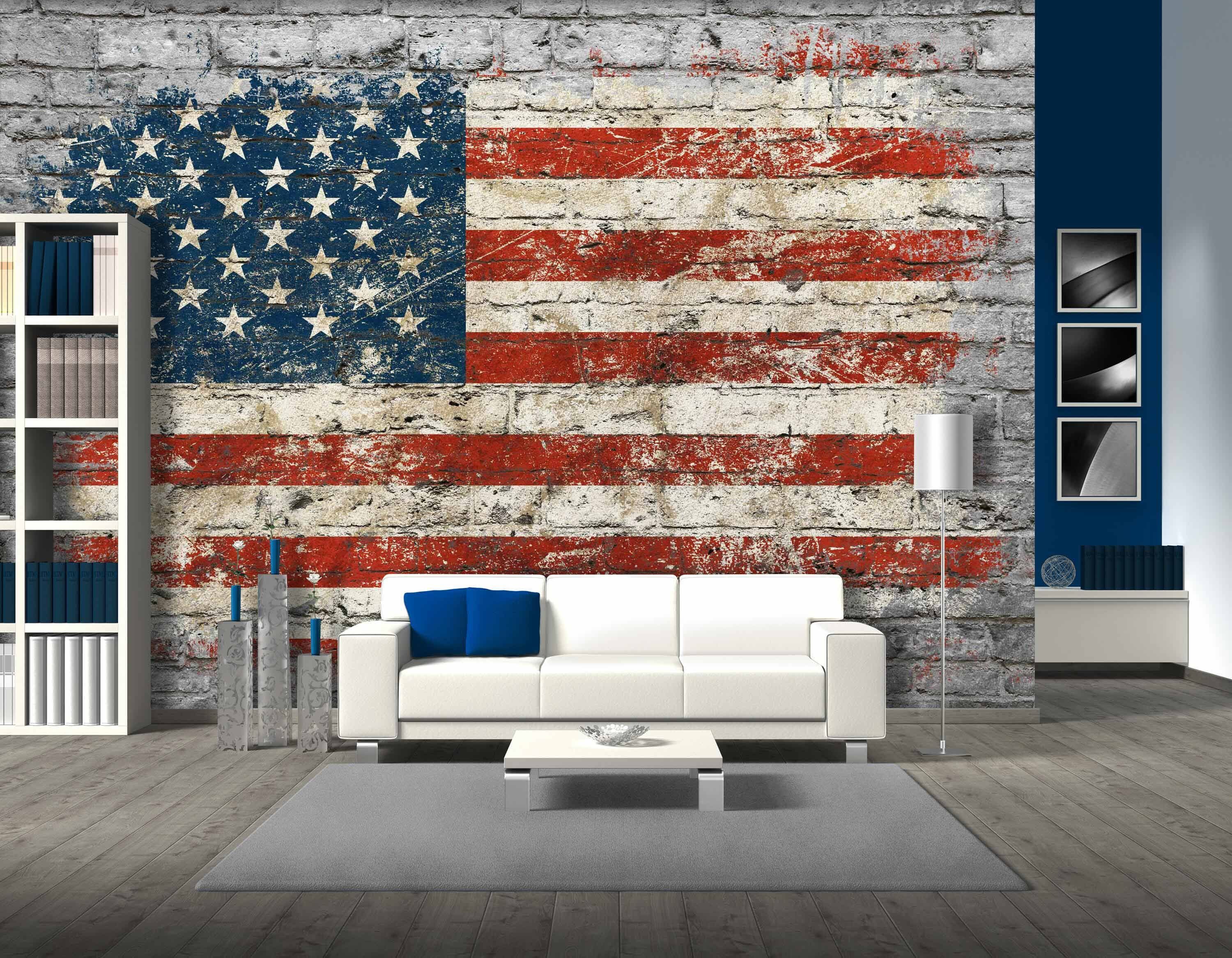 wandmotiv24 Fototapete Flagge Ziegelwand glatt, Wandtapete, USA, Vliestapete matt, Motivtapete