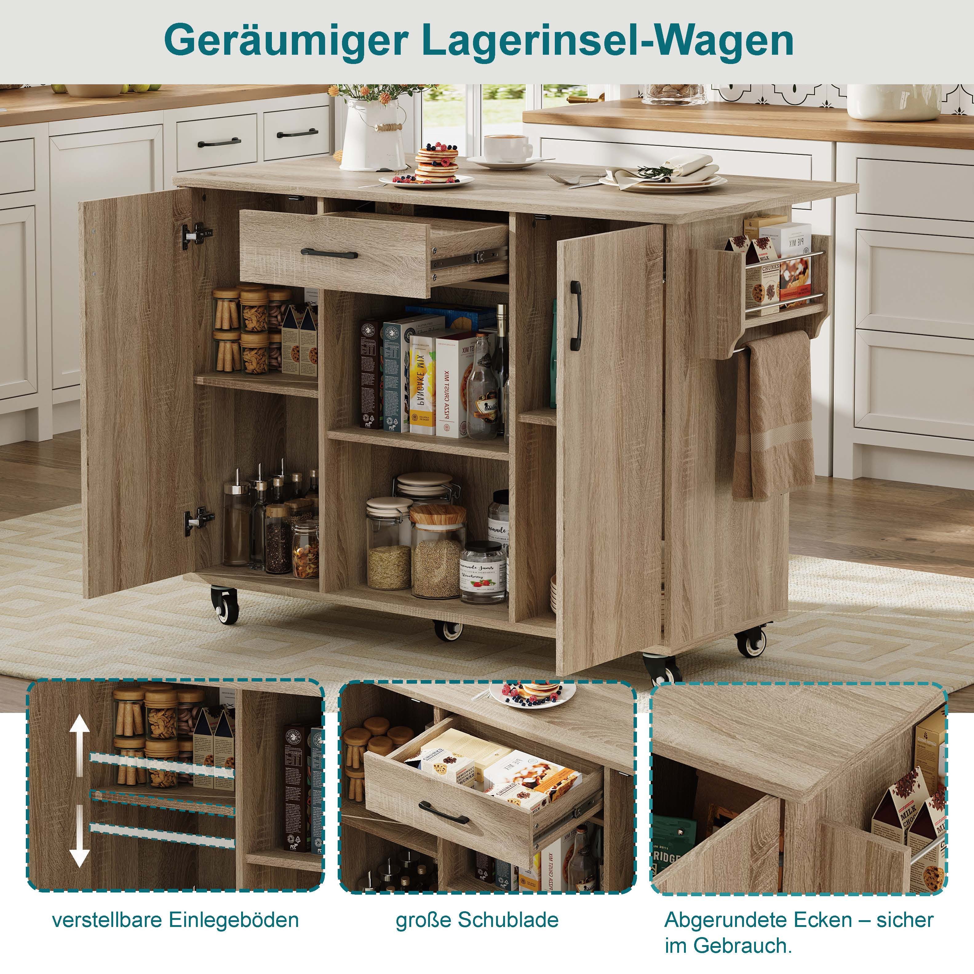 Odikalo Kücheninsel 120cm mobile Kücheninsel mit klappbarer Arbeitsplatte, (Rollbarer Servierwagen mit Schublade & Schrank)