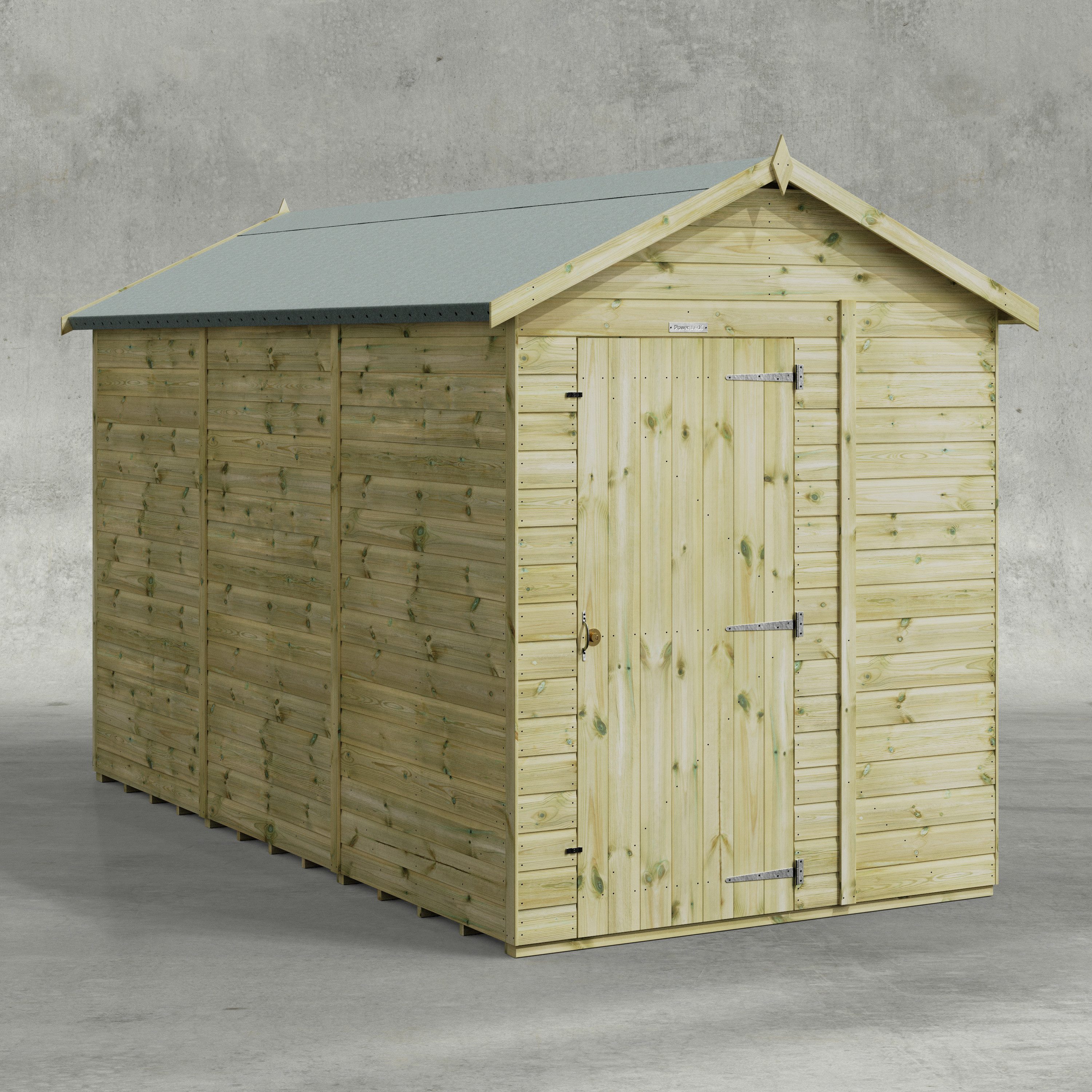 Powersheds Gartenhaus mit Premium Satteldach aus Nut- und Feder Vollholz ohne Fenster, BxT: 360x180 cm, (Polyester-verstärkte Dachpappe, gehärtetes Glas, hochwertiges Holz), Hochwertiges Holz