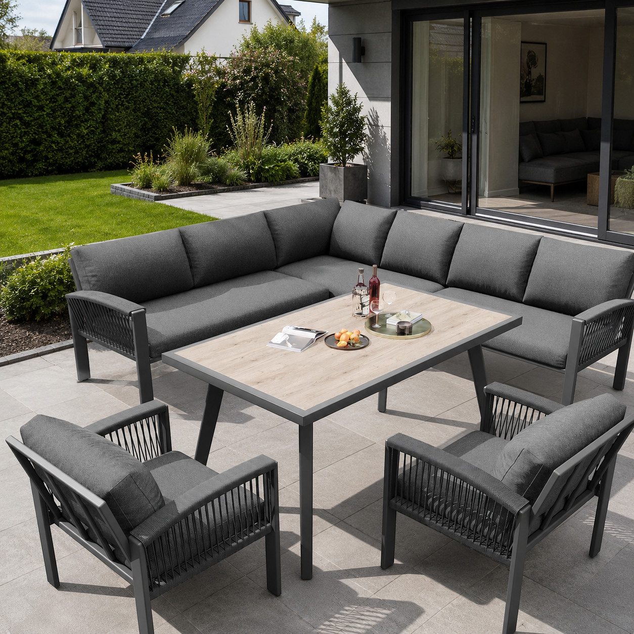 Celya Gartenlounge-Set Gartenlounges Balkon, Gartenmöbel Set für 8 Personen, Seilwerk, (mit verzinktem Eisengestell, verstellbare Beine, alle Sitz- und Rückenkissen inklusive, Grau), Möbelset für 8 Personen, Seilwerk, großer Tisch mit Holzmaserung
