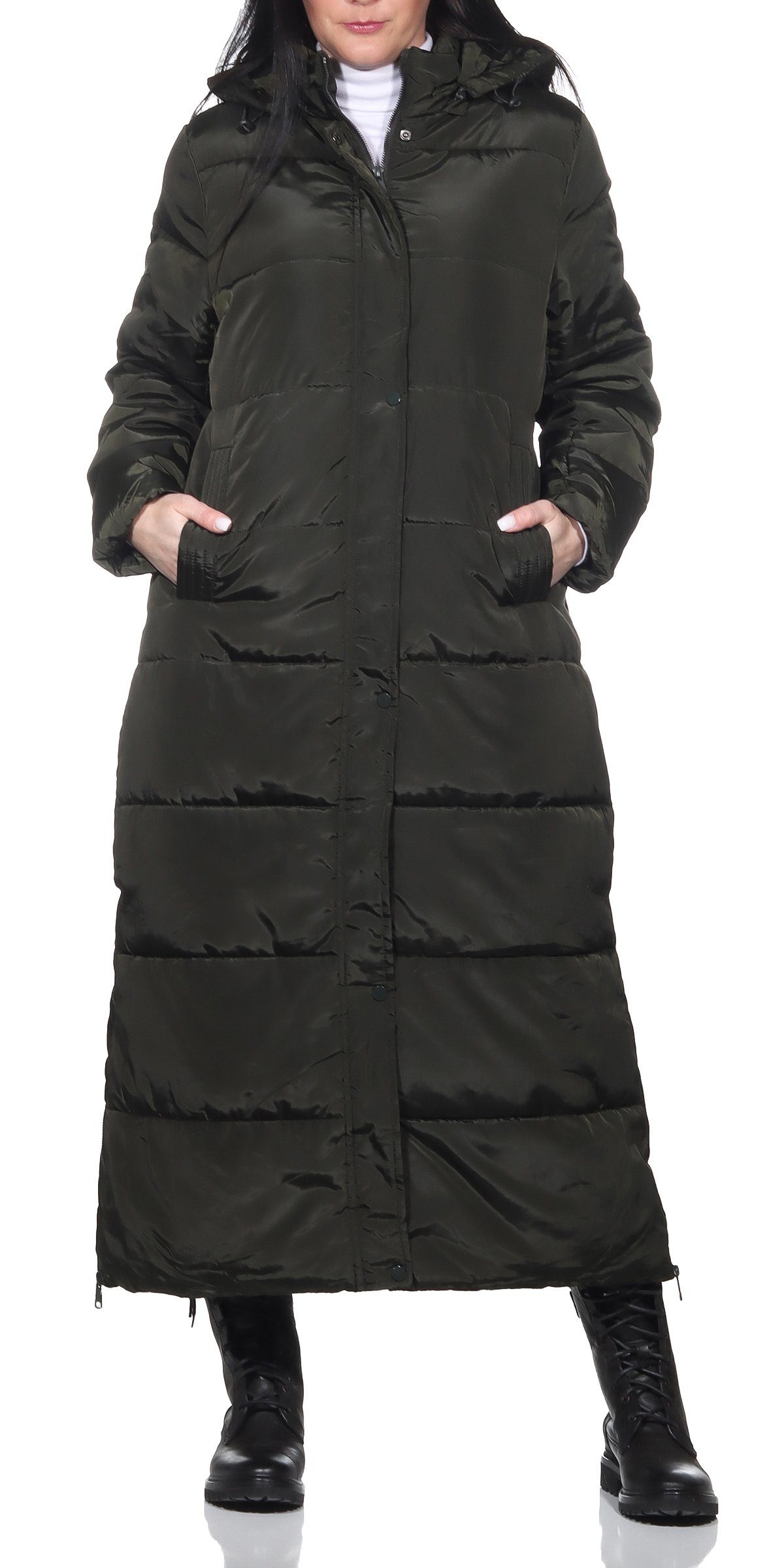 Aurela Damenmode Steppmantel Longmantel gefütterter Damen Wintermantel Teddyfell, abnehmbare Kapuze, in großen Größen erhältlich