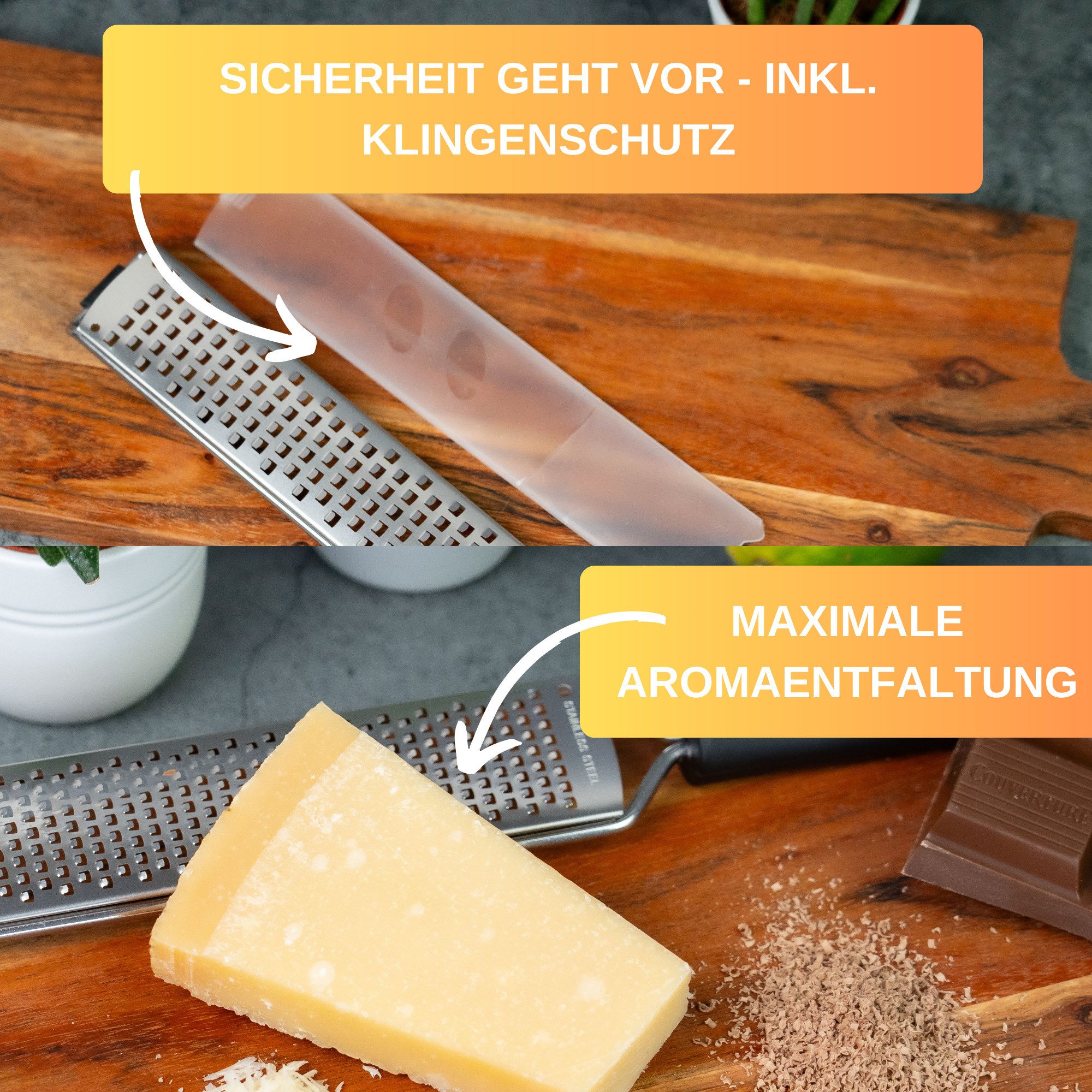 Thiru Multireibe Premium mit Edelstahl Klingen und rutschfestem Fuß inkl. Schutzelement, Grob, Messerscharfe Klingen, inklusive Schutzelemt und Rezeptbuch – Bild 4 von 5