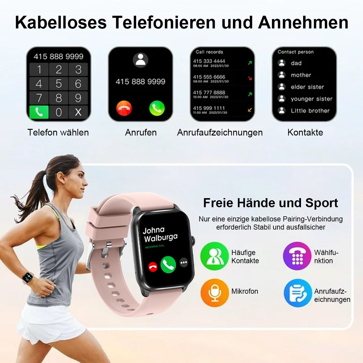 ANYSUN Smartwatch Herren Damen, mit Telefonfunktion Smartwatch (1,85 Zoll, TFT-Volltouch) 110+ Sportmodi Sportuhr mit Schrittzähler/Herzfrequenzmonitor, /Schlafmonitor, IP68 Wasserdicht Fitnessuhr für iOS Android