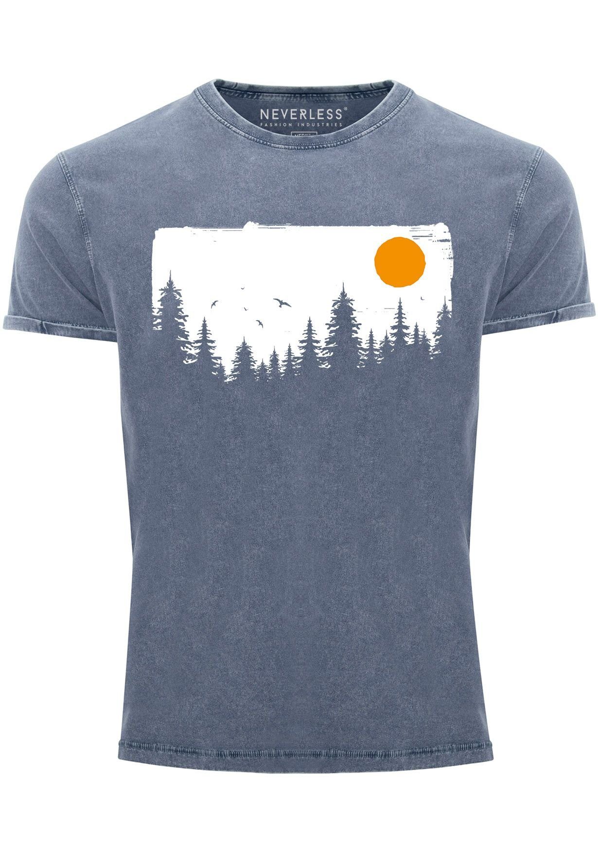 Neverless Print-Shirt Herren Vintage blau Abenteuer Adventure Natur-Lieb mit Print Bäume Wald Shirt Outdoor