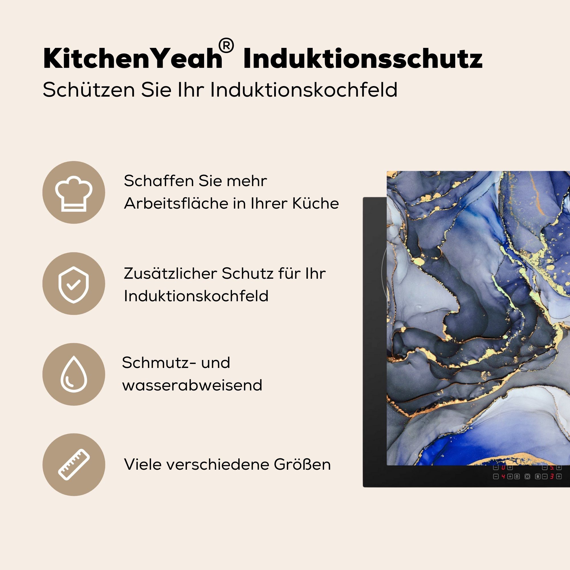 - - Gold Induktionskochfeld küche, 81x52 Marmor Abstrakt Blau, Herdblende-/Abdeckplatte Vinyl, die (1 MuchoWow für Ceranfeldabdeckung tlg), - Schutz cm,