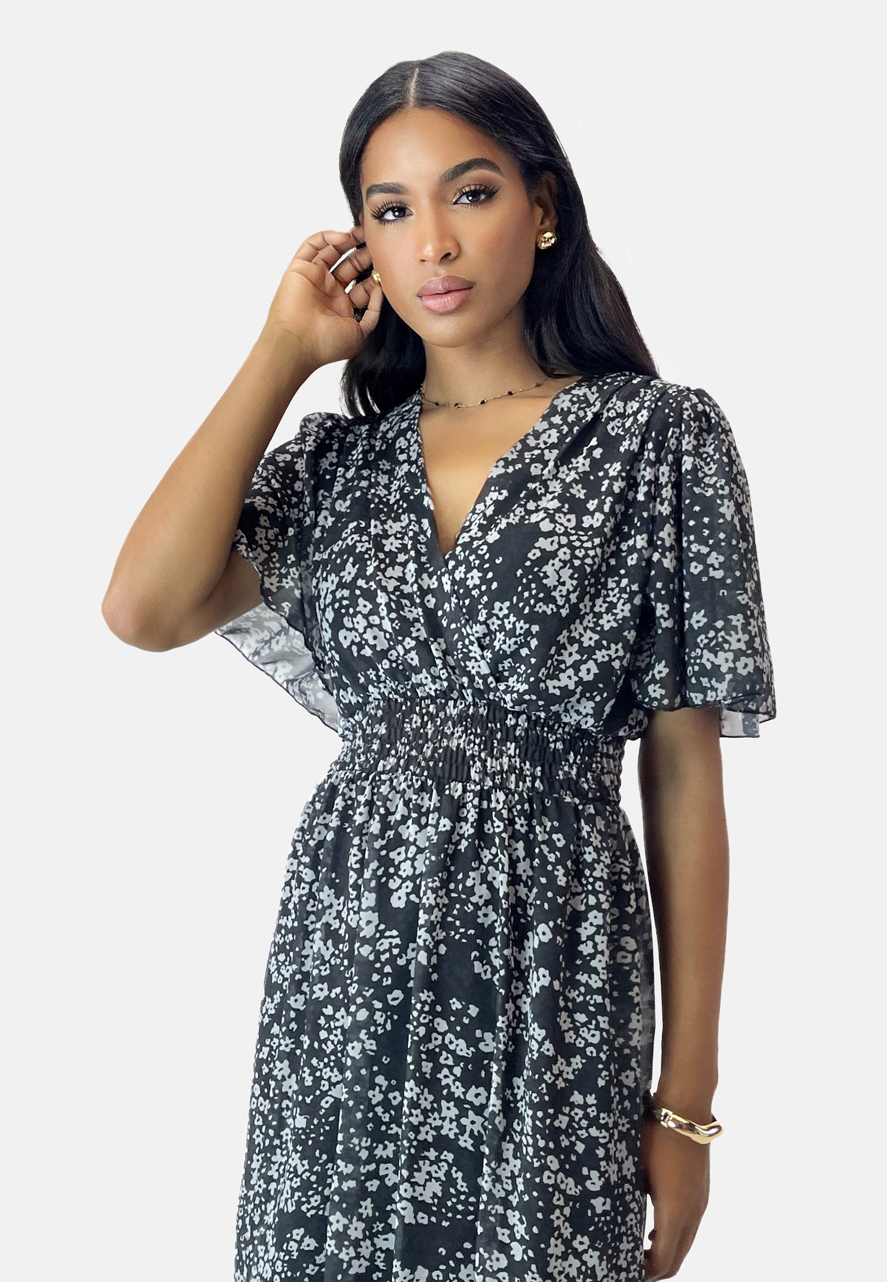 Maxikleid Damen Chiffon Maxikleid gemustert mit V-Ausschnitt & Flügelärmeln