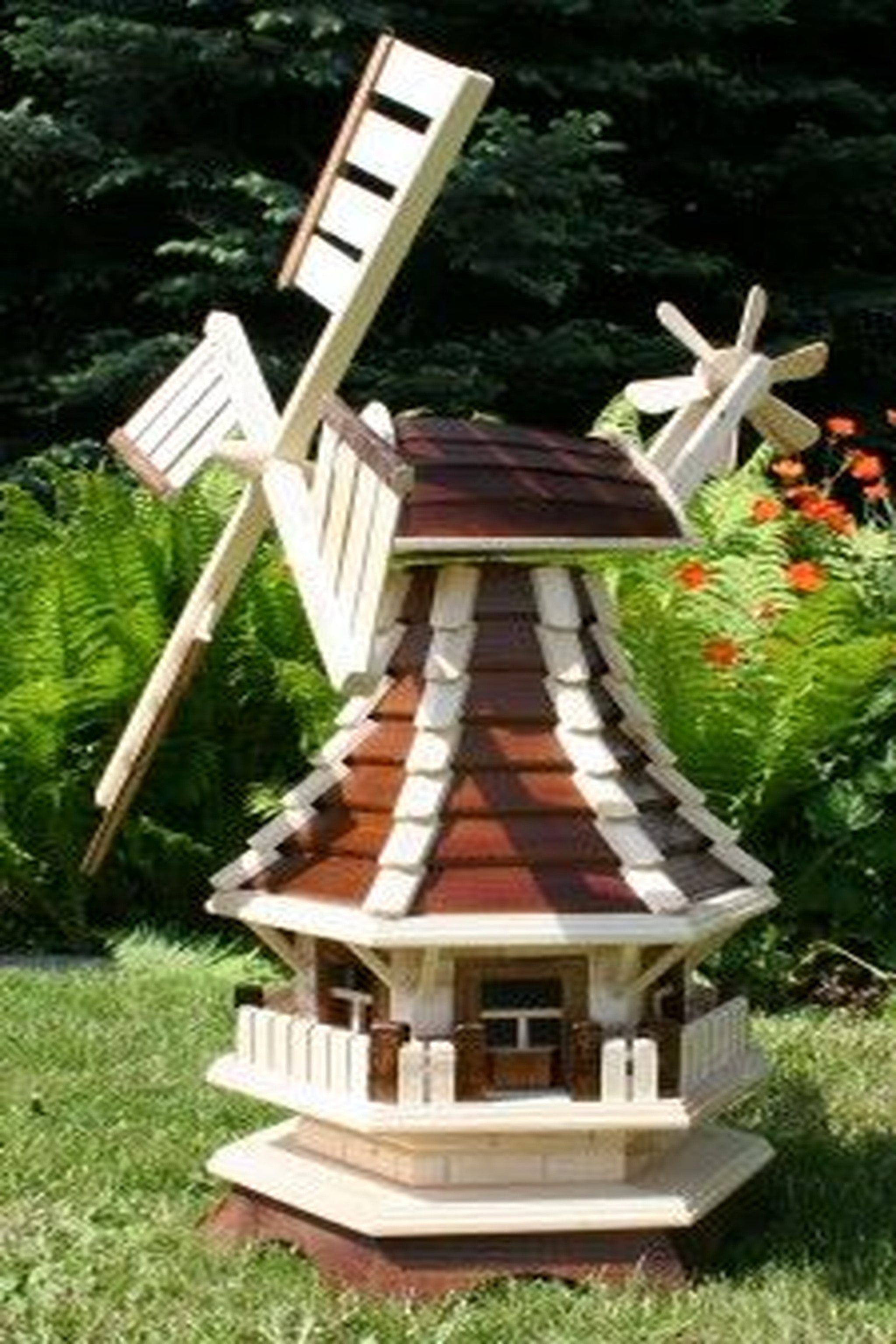 Holzdekoladen Deko-Windrad Gartenwindmühle Holz mit Solarlicht Weiß – drehbare Flügel