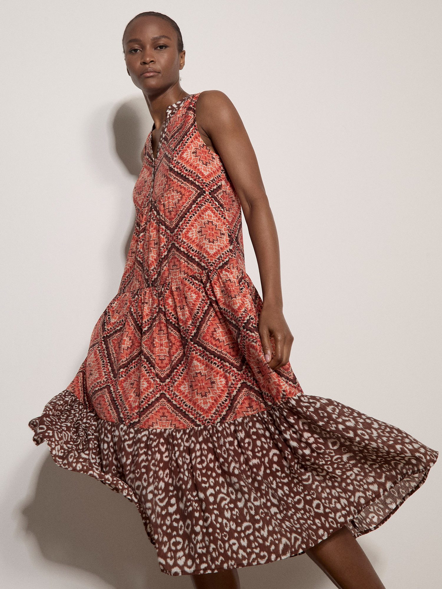 Apricot Druckkleid Geometrisches Patchwork-Midi-Kleid Druck