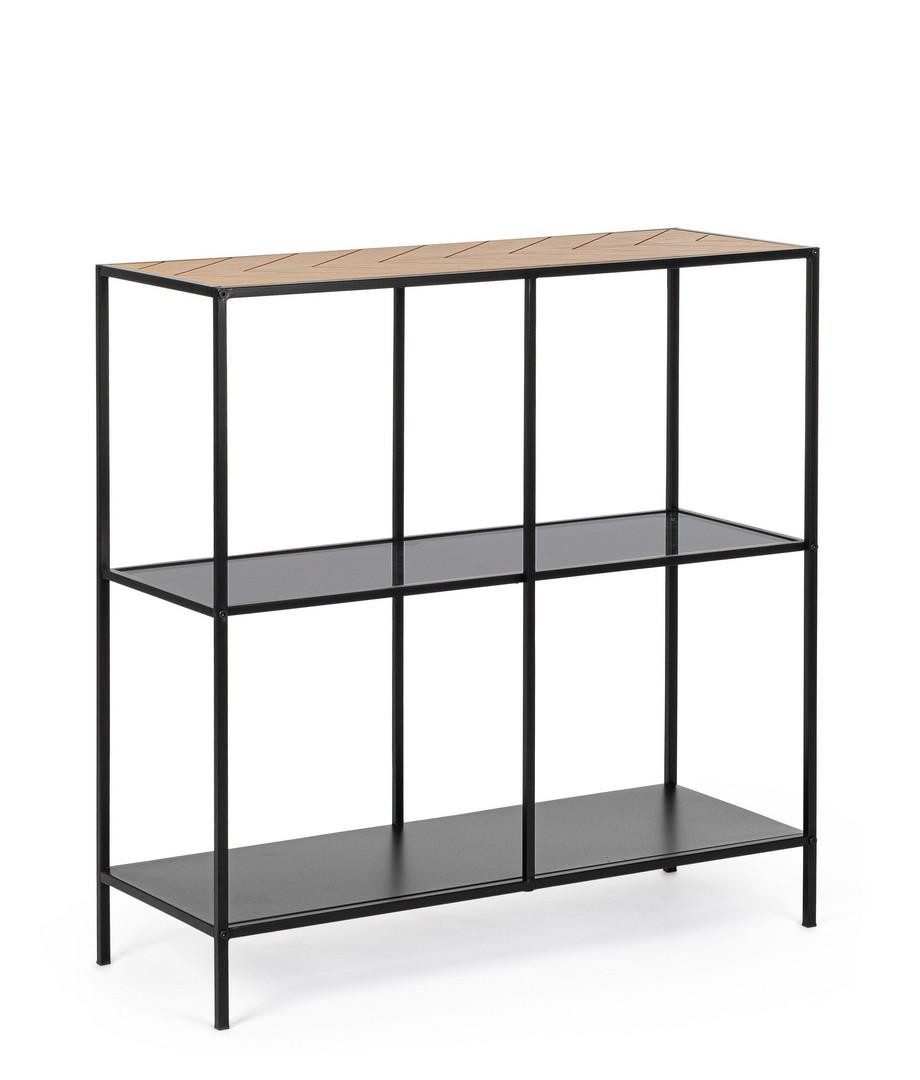Natur24 Beistelltisch Haldor Konsolentisch 82 x 33 x 85 cm Stahl Glas MDF Gummiholz Schwarz