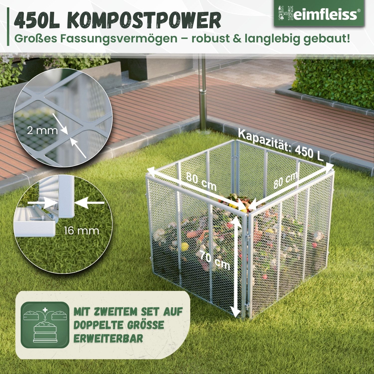 Heimfleiss® Komposter Metall Komposter 450L/750L – verzinkt & pulverbeschichtet, BxTxH: 80x80x70 cm, 450 l, Robuster Gartenkomposter mit Stecksystem für nachhaltige Kompostierung