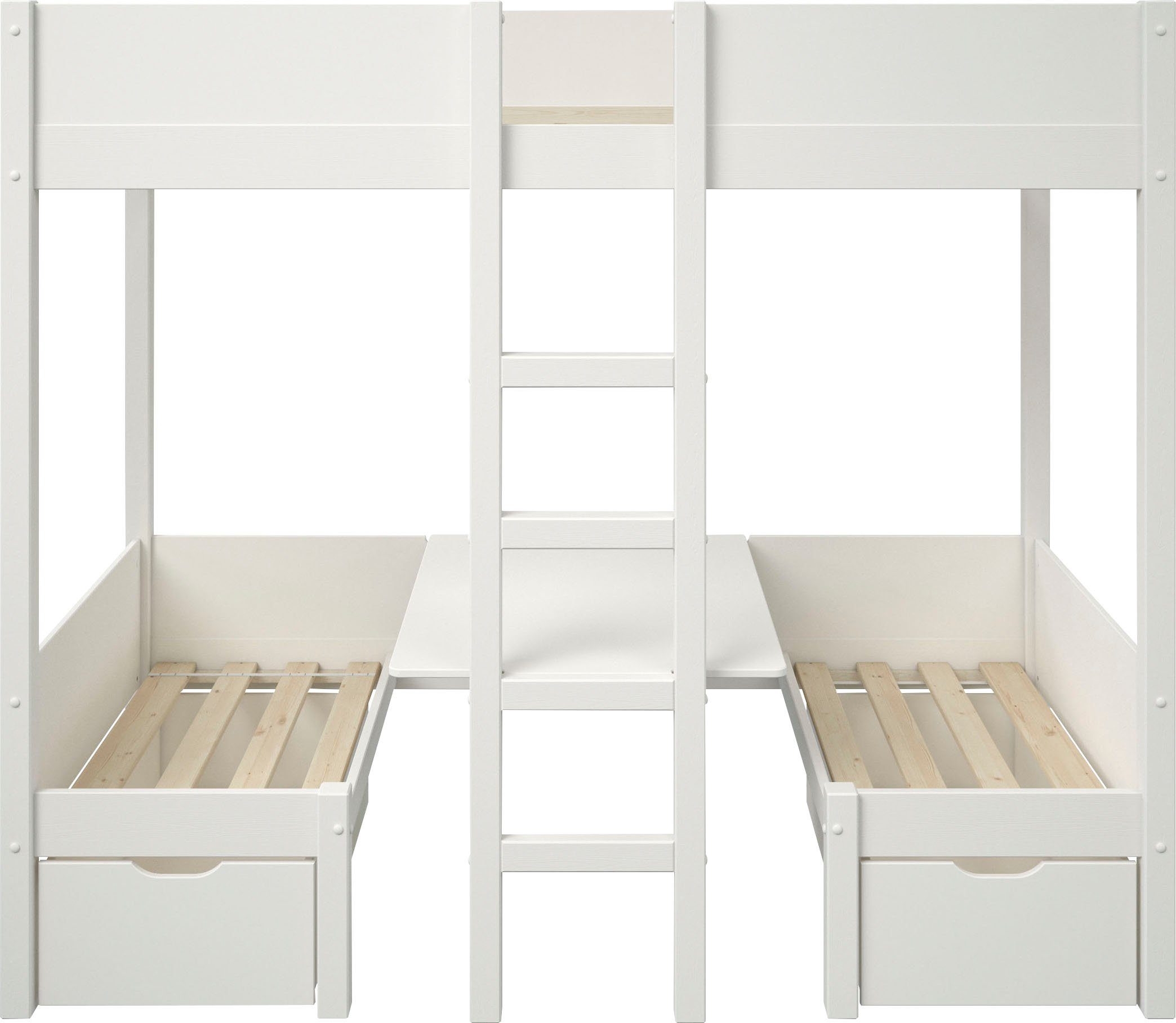 Lüttenhütt Etagenbett 2 Matratzen mit "TIPO", ohne und und 2 Rollrost, ohne Sitzpolster Leiter inklusive Stockbett Schubkästen, Schlafplätze