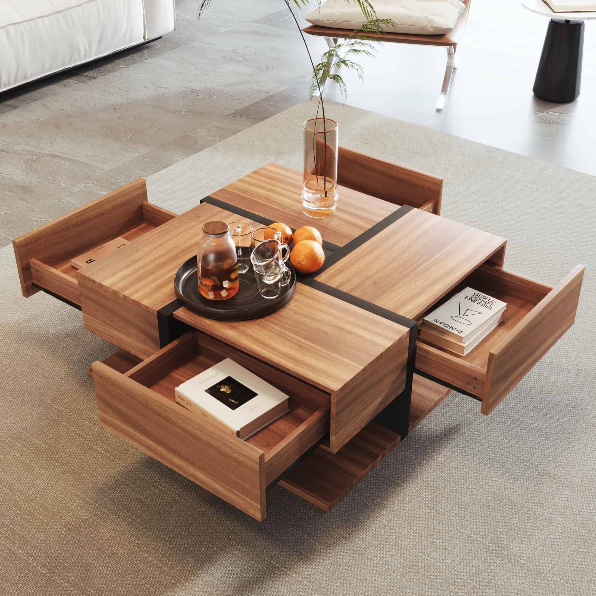 BBWL Couchtisch 78 x 78 x 36 cm, 4 Schubladen, offenes Ablagefach, große Tischfläche (quadratisches Design, Linienmuster, Spanplatte, moderner Wohnzimmertisch)