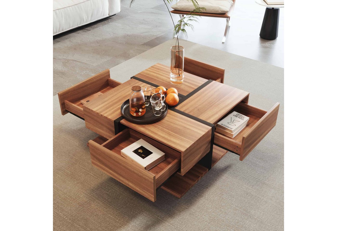 BBWL Couchtisch Moderner Couchtisch 78x78x36 cm in Schwarz & Holzoptik (4 Schubladen & Ablage, einzigartiges Farb-/Liniendesign, quadratischer Wohnzimmertisch mit viel Stauraum)
