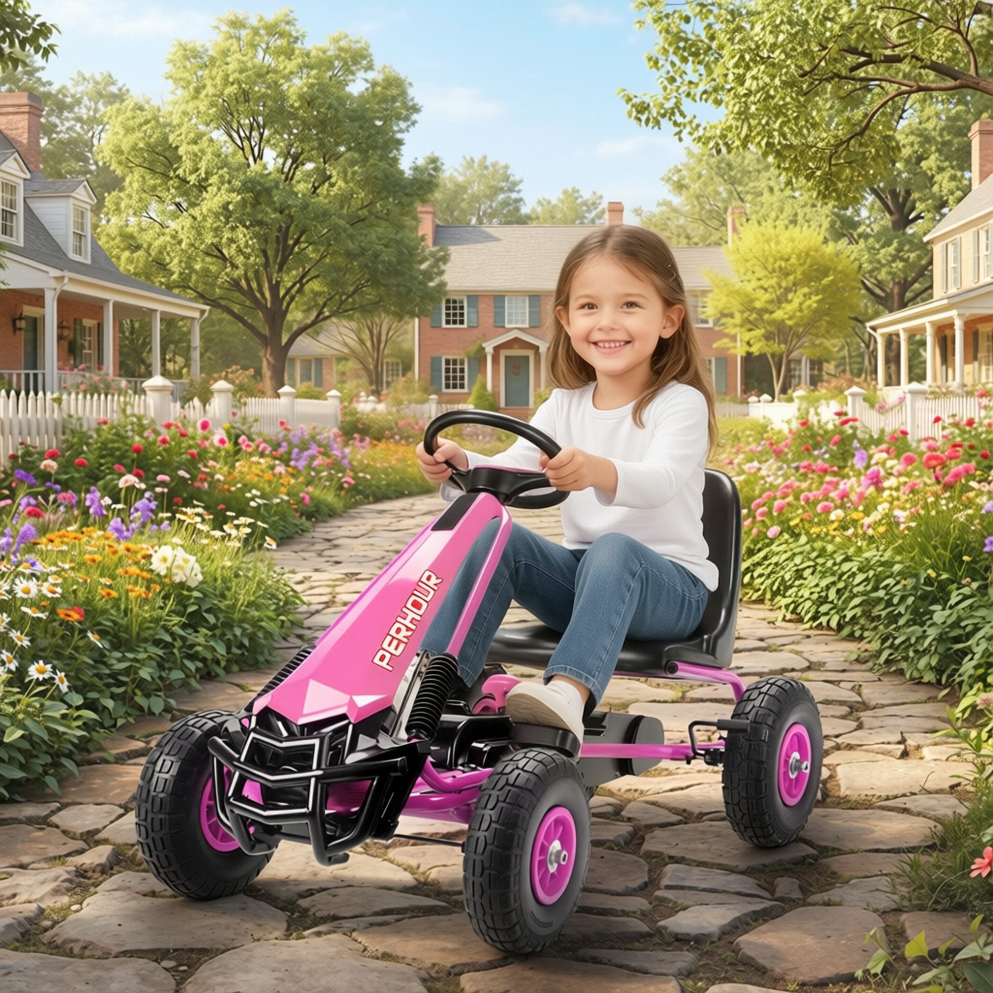 AIYAPLAY Go-Kart Tretauto mit Handbremse, verstellbarem Sitz, Pedalantrieb, für Kinder 3-8 Jahren, Rosa