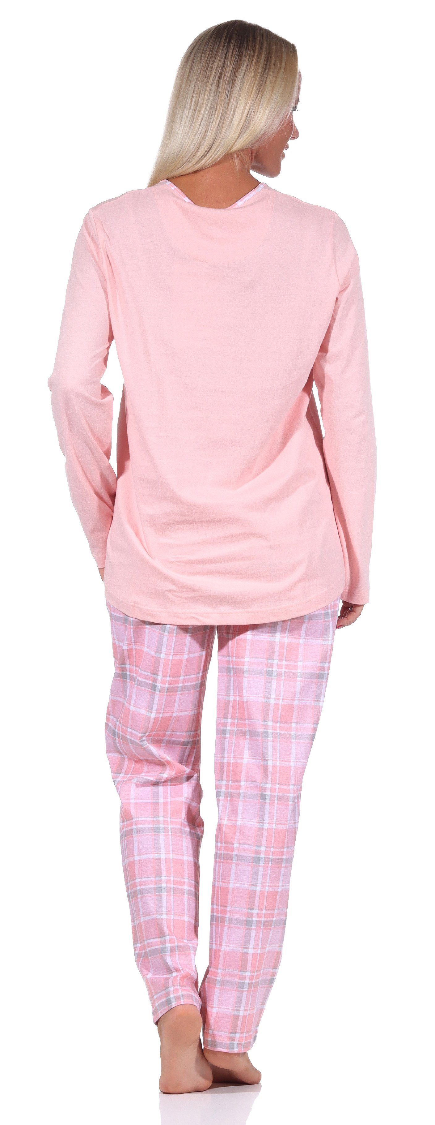 Normann Pyjama Damen Schlafanzug und Hals rosa mit Knopfleiste Karohose am langarm Pyjama