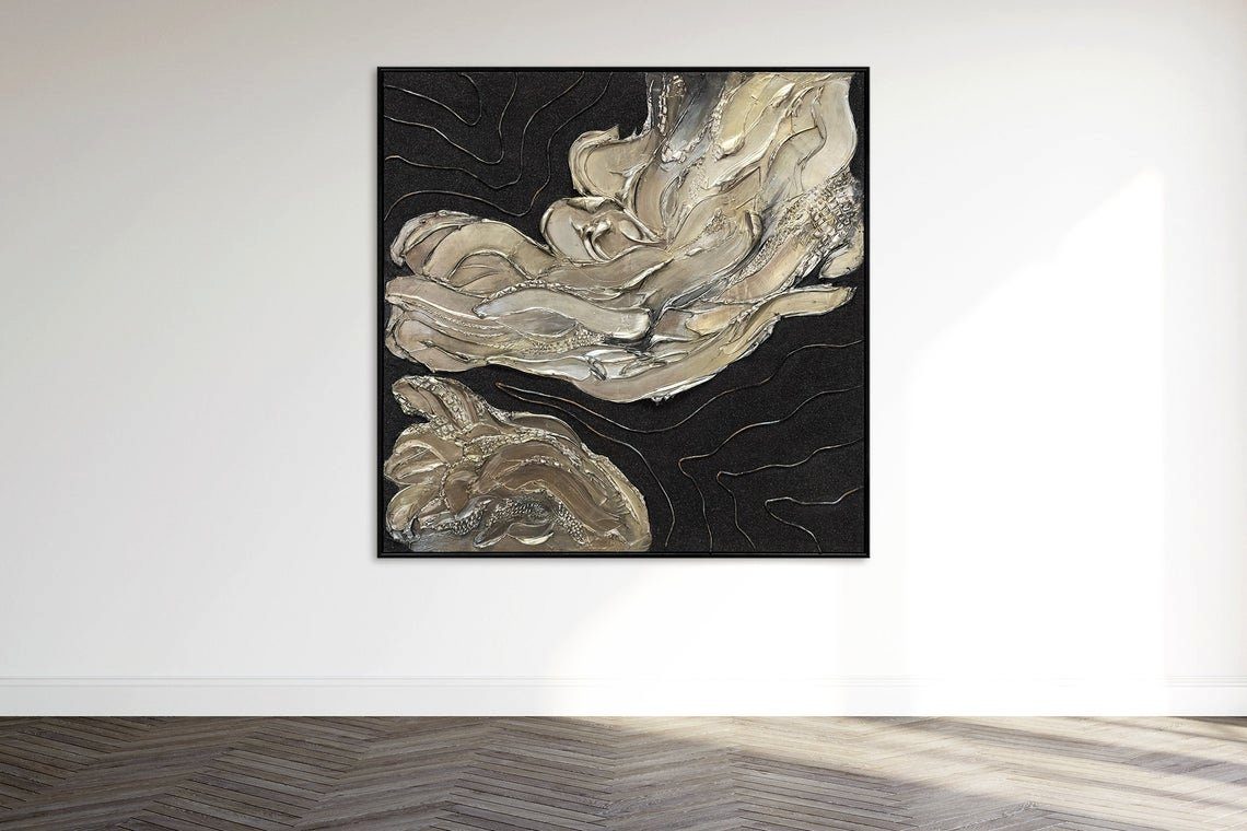 Rahmen Gemälde mit Abstrakt Bild Schwarz YS-Art Handgemalt Blues, Gold Leinwand Abstraktion,