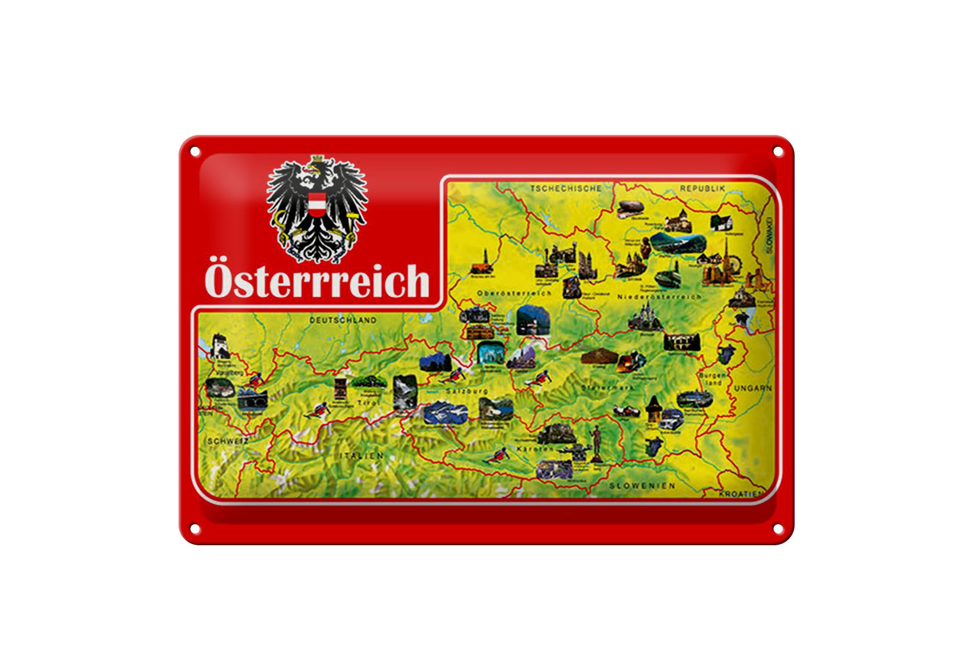 Femer GmbH Metallschild Reise 20x30 cm Österreich Landkarte, (1 St), gewölbte Oberfläche, abgerundete Ecken, umgeschlagene Kanten