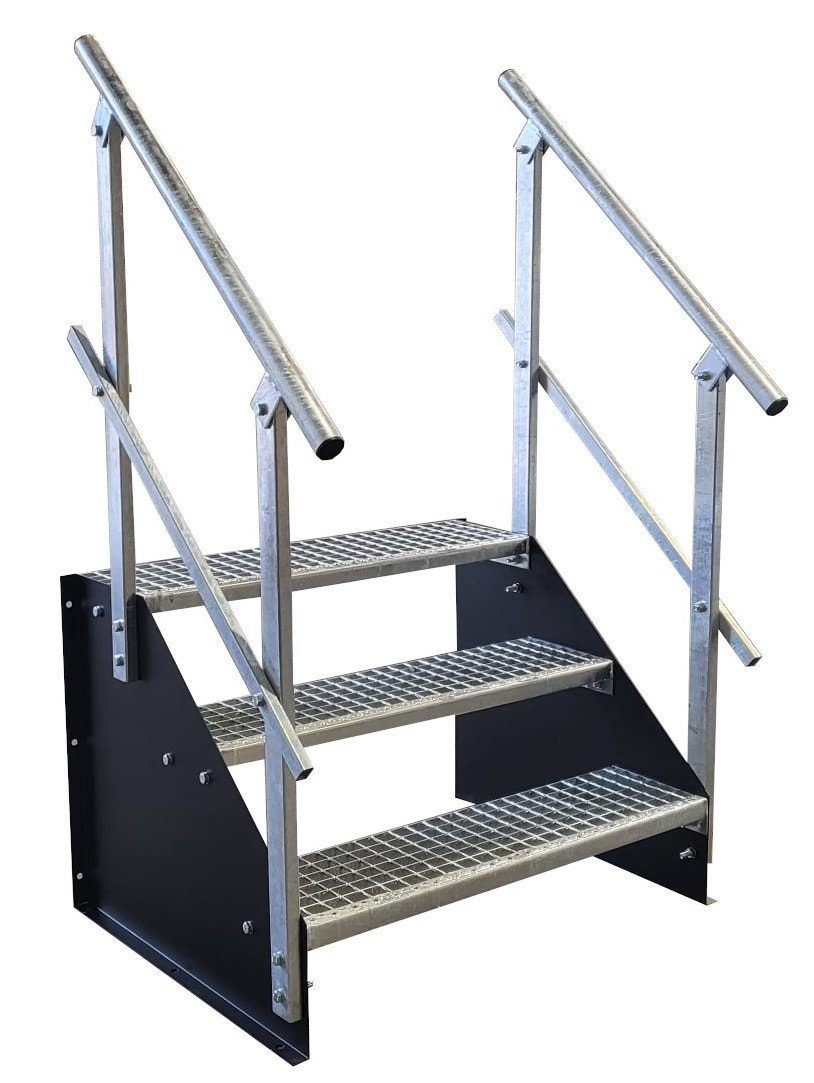 SRM Design Außentreppe 3 Stufen Standtreppe Breite 120cm Höhe 63cm schwarz beids. Geländer
