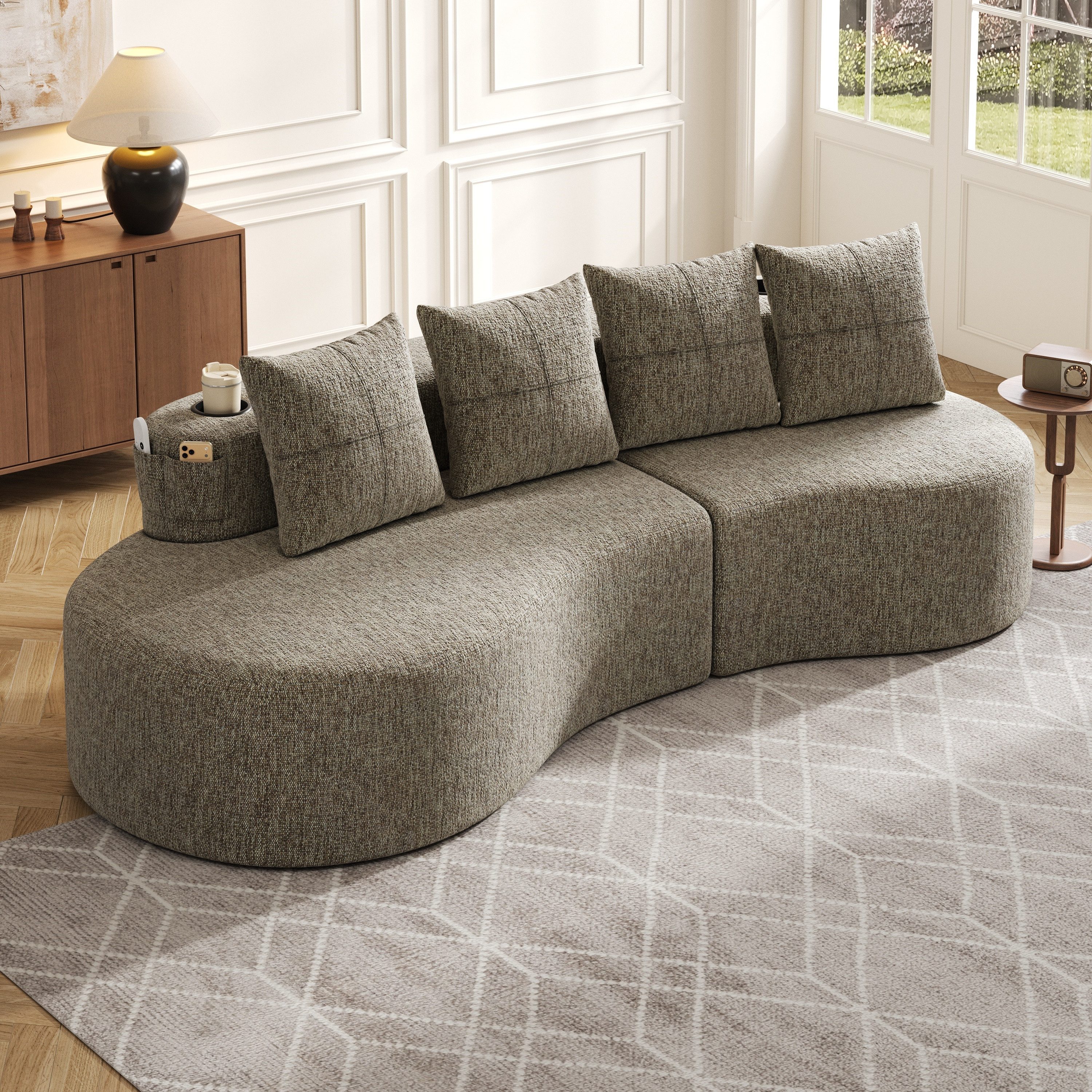 HAUSS SPOLE Loungesofa aus Leinenstoff,Chaiselongue mit vier Kissen,Polstermöbel in Khaki