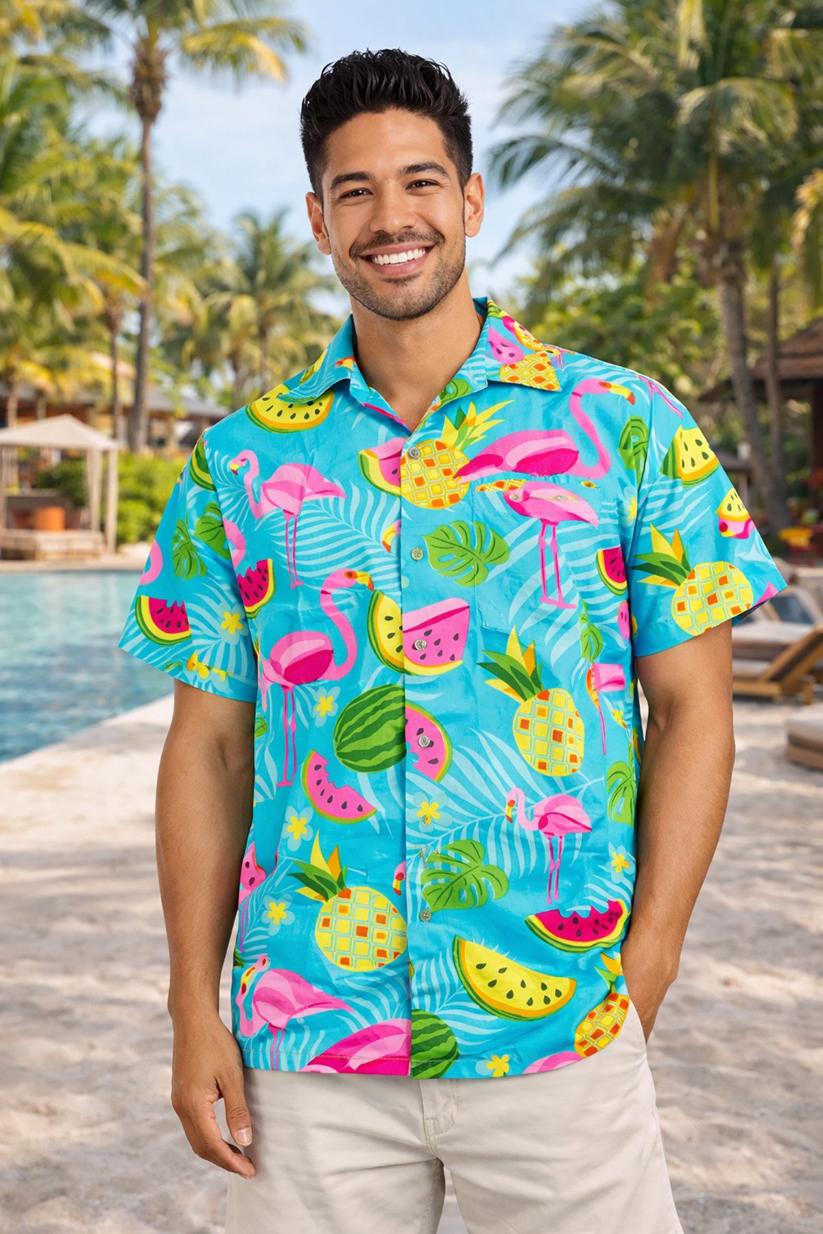 King Kameha Hawaiihemd "Flamingo Melone" Funky Hawaiihemd Herren Kurzarm Fronttasche Stylish