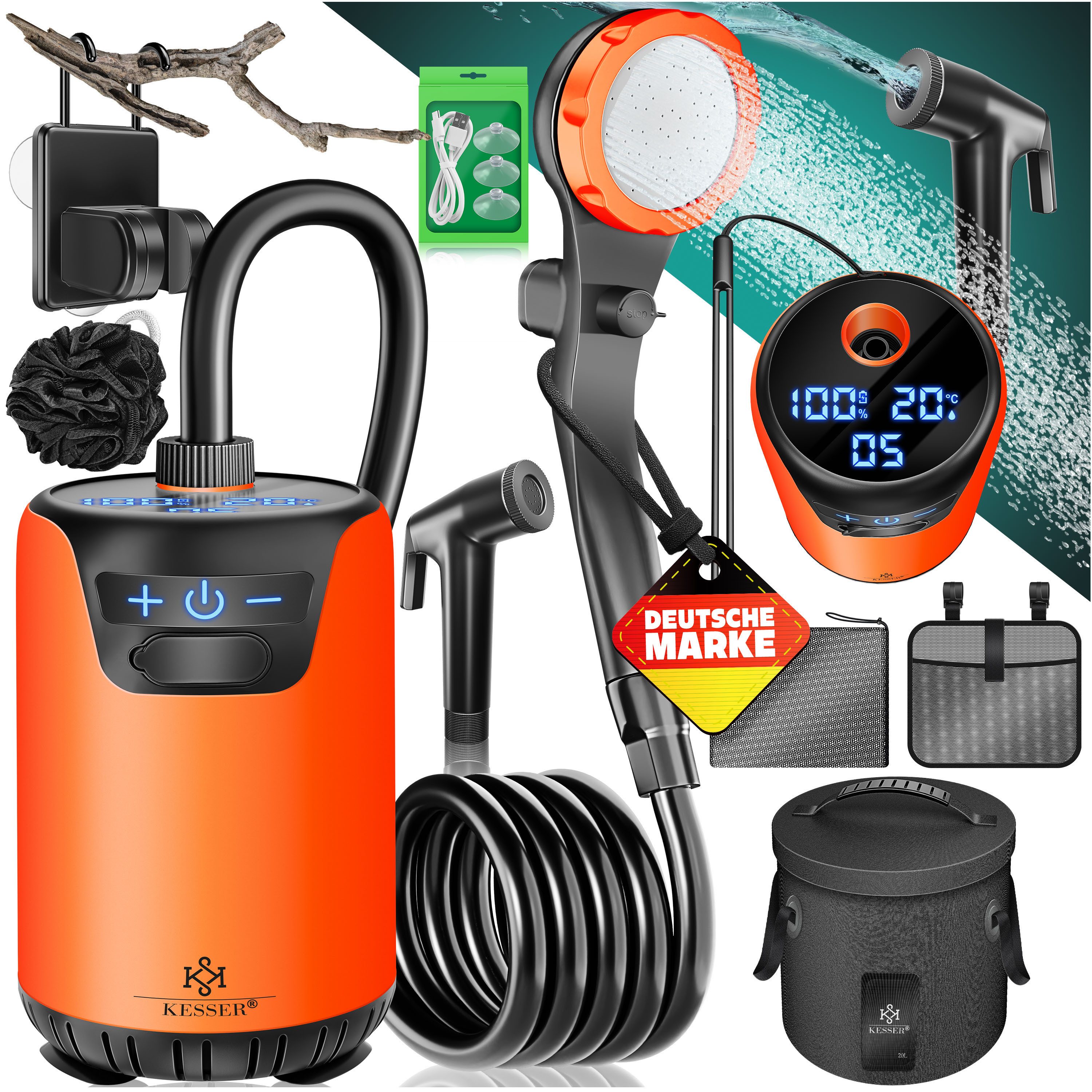 KESSER Gartendusche Campingdusche mit 20L Behälter, Pumpe & wiederaufladbarer Akku 4000mAh (Mobile Dusche inkl. Duschkopf, 2m Schlauch, Sprühpistole & Halterung), Outdoor Dusche