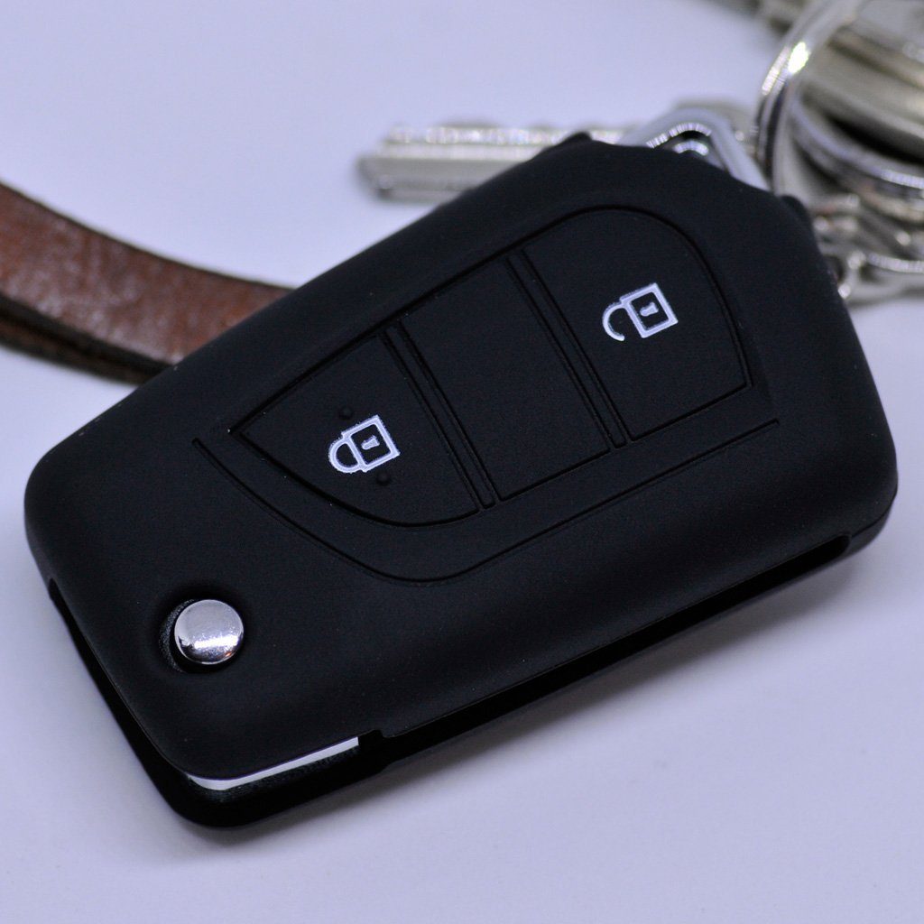 mt-key Schlüsseltasche 2 Toyota Aygo Schwarz, Softcase für Citroen Tasten C1 Peugeot Schutzhülle Autoschlüssel Silikon 108 Klappschlüssel