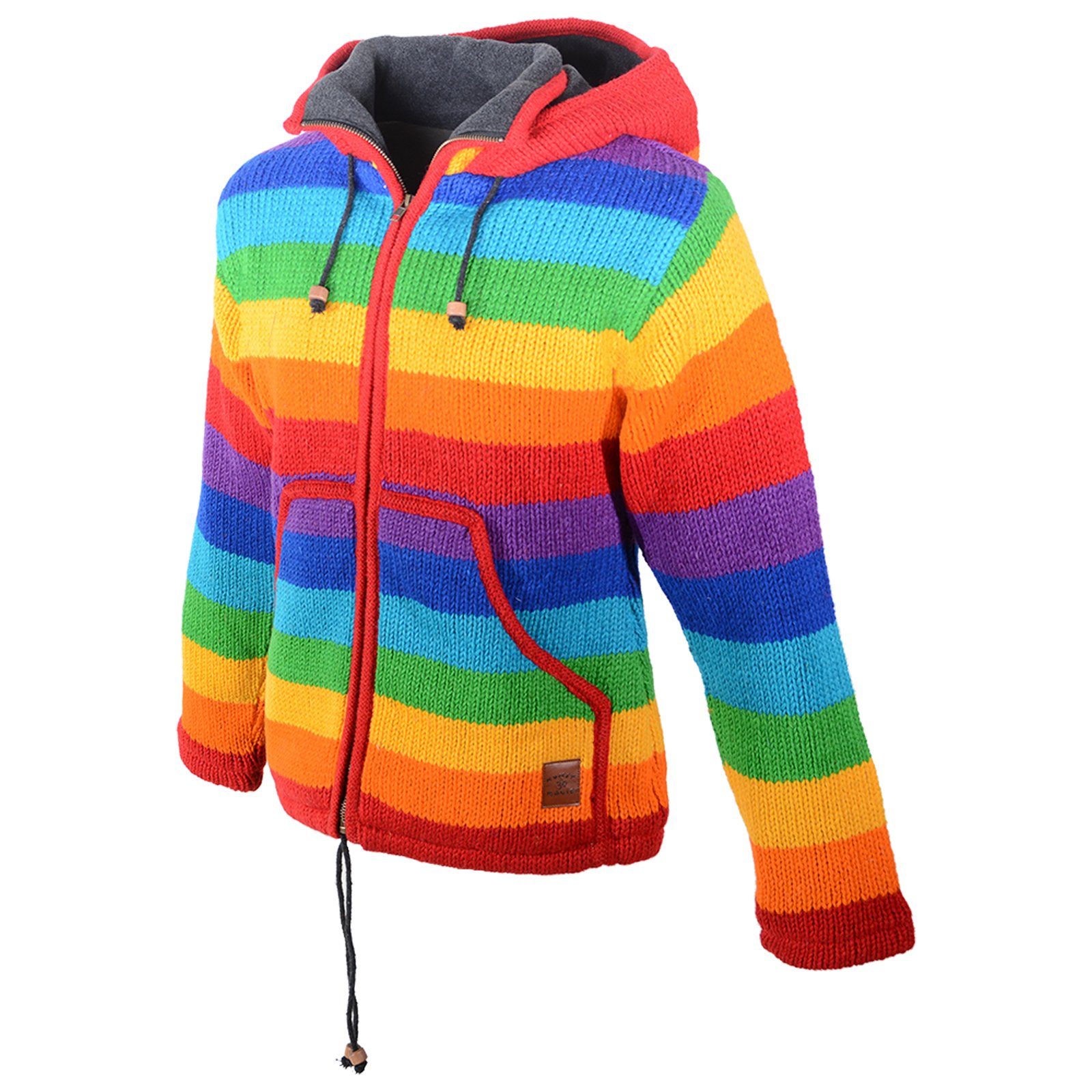 Kapuzenstrickjacke MAGIE KUNST Zipfelkapuze Regenbogen Strickjacke UND Wolle+Fleecefutter abnehmbarer