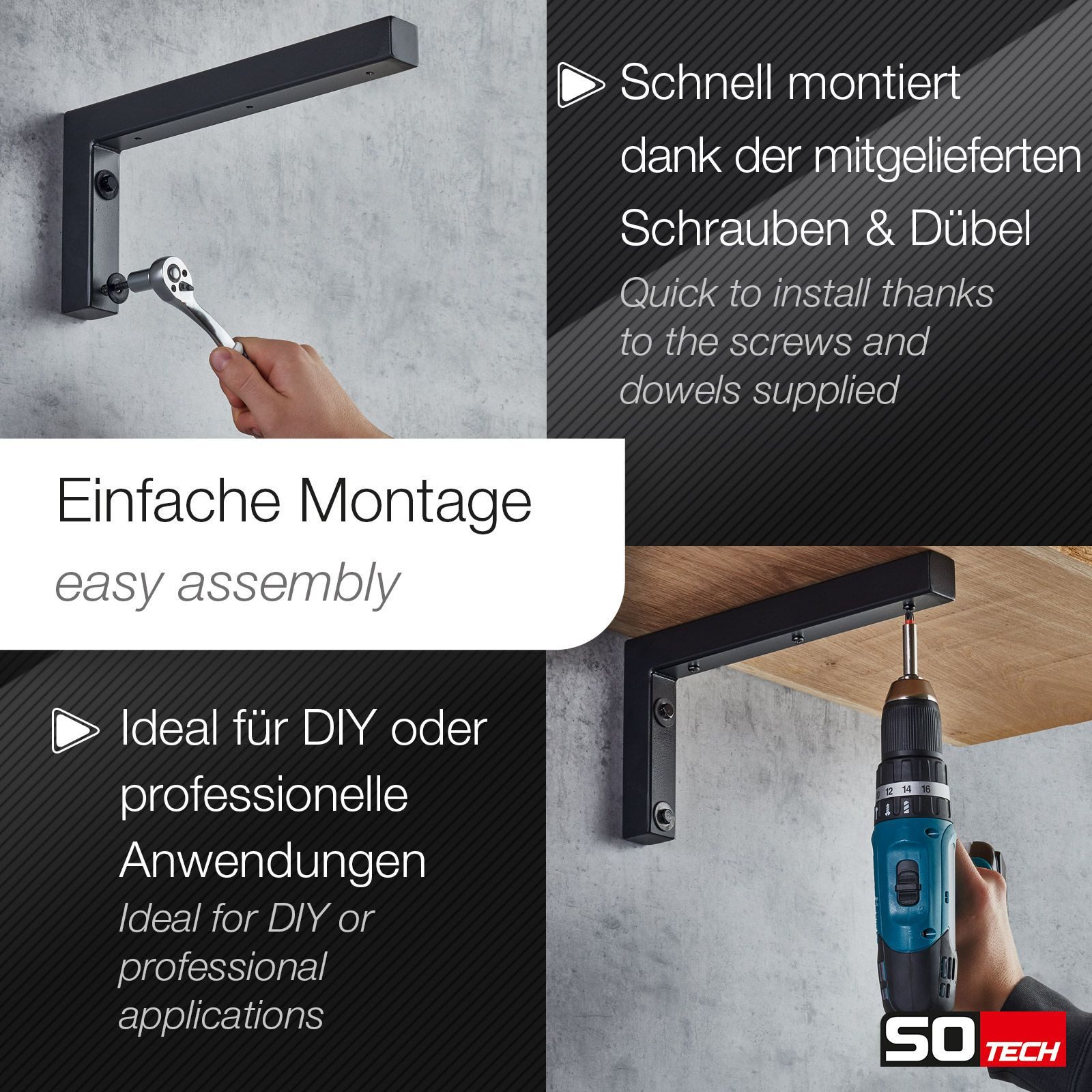 SO-TECH® Wandregalhalter Wandkonsole in L-Form robuste Regalkonsole zur Wandmontage, 2-tlg., 300 x 150 x 30 mm, Waschtischkonsole schwarz matt – Bild 4 von 5