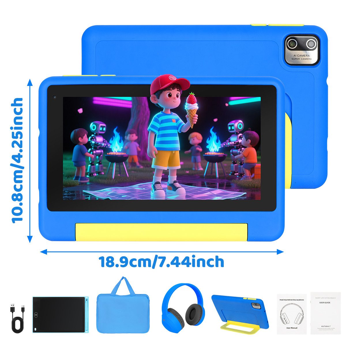 Happybe 7 Zoll 64GB HD-Display mit Schreibtafel, Kopfhörer & Tasche Kinder Tablet (7", 64 GB, Android, Android 15, Vorinstallierte Kindersoftware, Lernen durch Spielen)