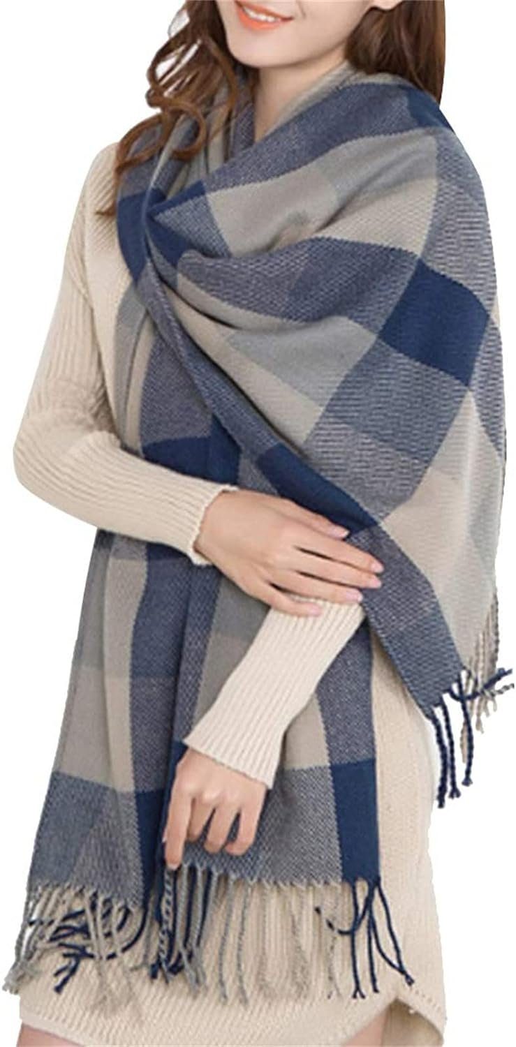 Alster  Herz Alster Herz Modeschal Karierter Damen Schal mit Fransen, im Oversize Look, A0320, ideal für Herbst Winter Blau-Grau