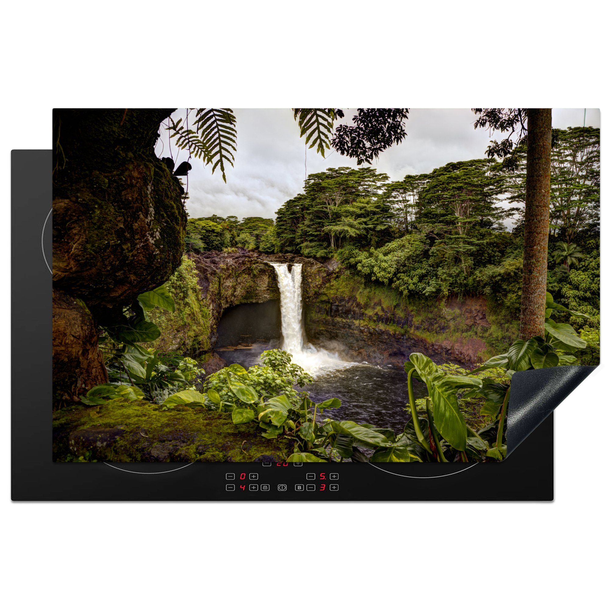 MuchoWow Herdblende-/Abdeckplatte Wasserfall in einem tropischen Wald, Vinyl, (1 tlg), 81x52 cm, Induktionskochfeld Schutz für die küche, Ceranfeldabdeckung