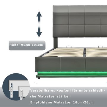 Ulife Polsterbett hydraulisches Doppelbett mit LED,höheverstellbarem Polsterkopfteil, hydraulischem Stauraum, Kunstleder, 160 x 200 cm