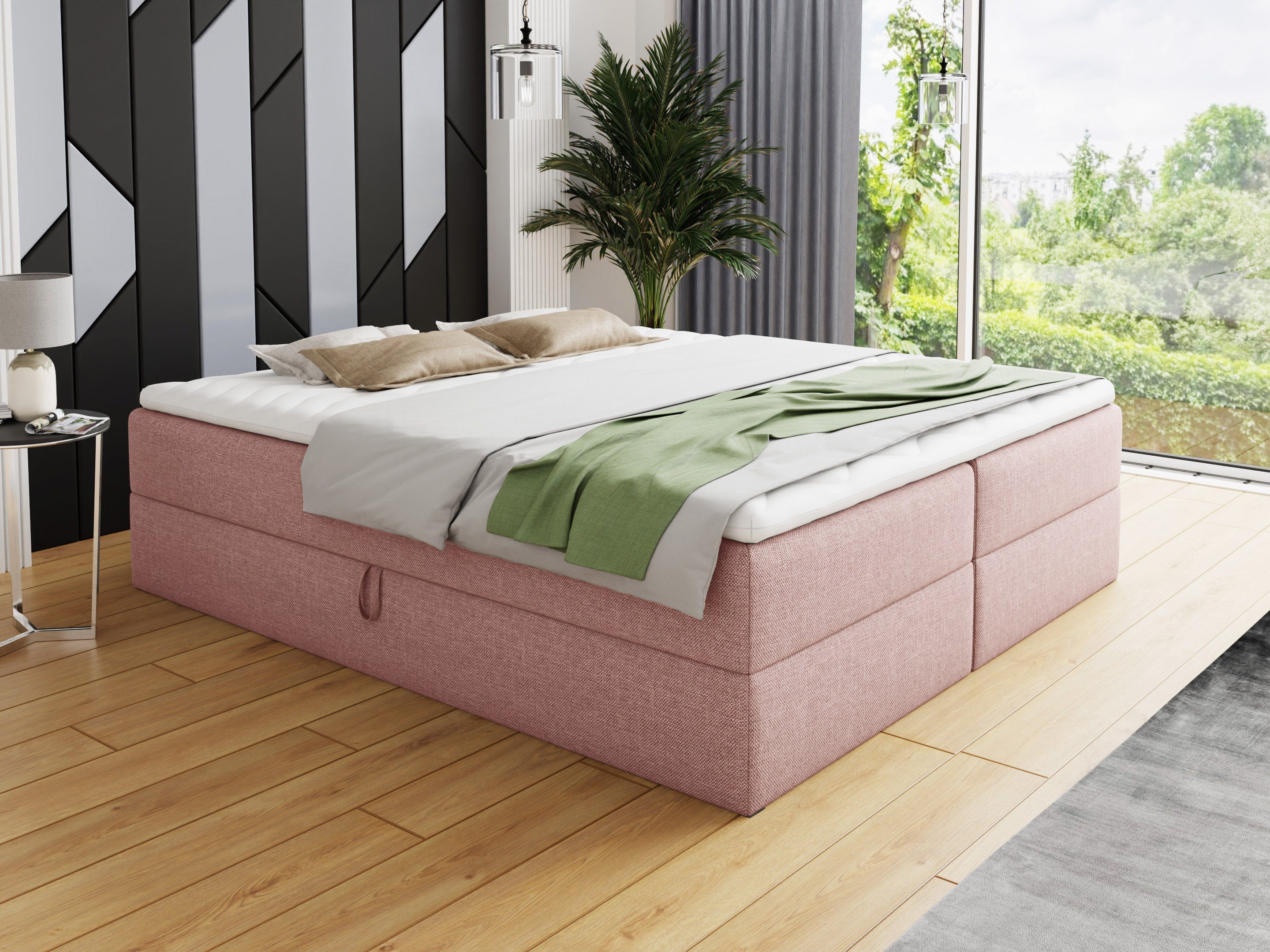 Sofnet Boxbett Base (mit zwei Bettkästen, Bonell-Matratze und Topper), Doppelbett, Polsterbett, Freistehendes Bett, Boxspringbett