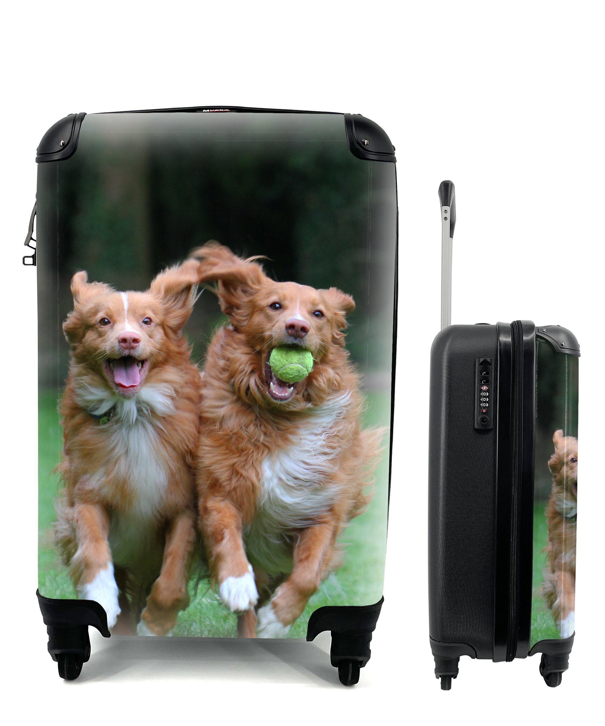MuchoWow Handgepäckkoffer Zwei Hunde spielen mit Ball, 4 Rollen, Reisetasche mit rollen, Handgepäck für Ferien, Trolley, Reisekoffer