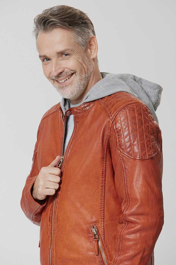 Lederjacken24 Lederjacke Arrow Herren Lederjacke Kapuze Lammnappa burned orange
