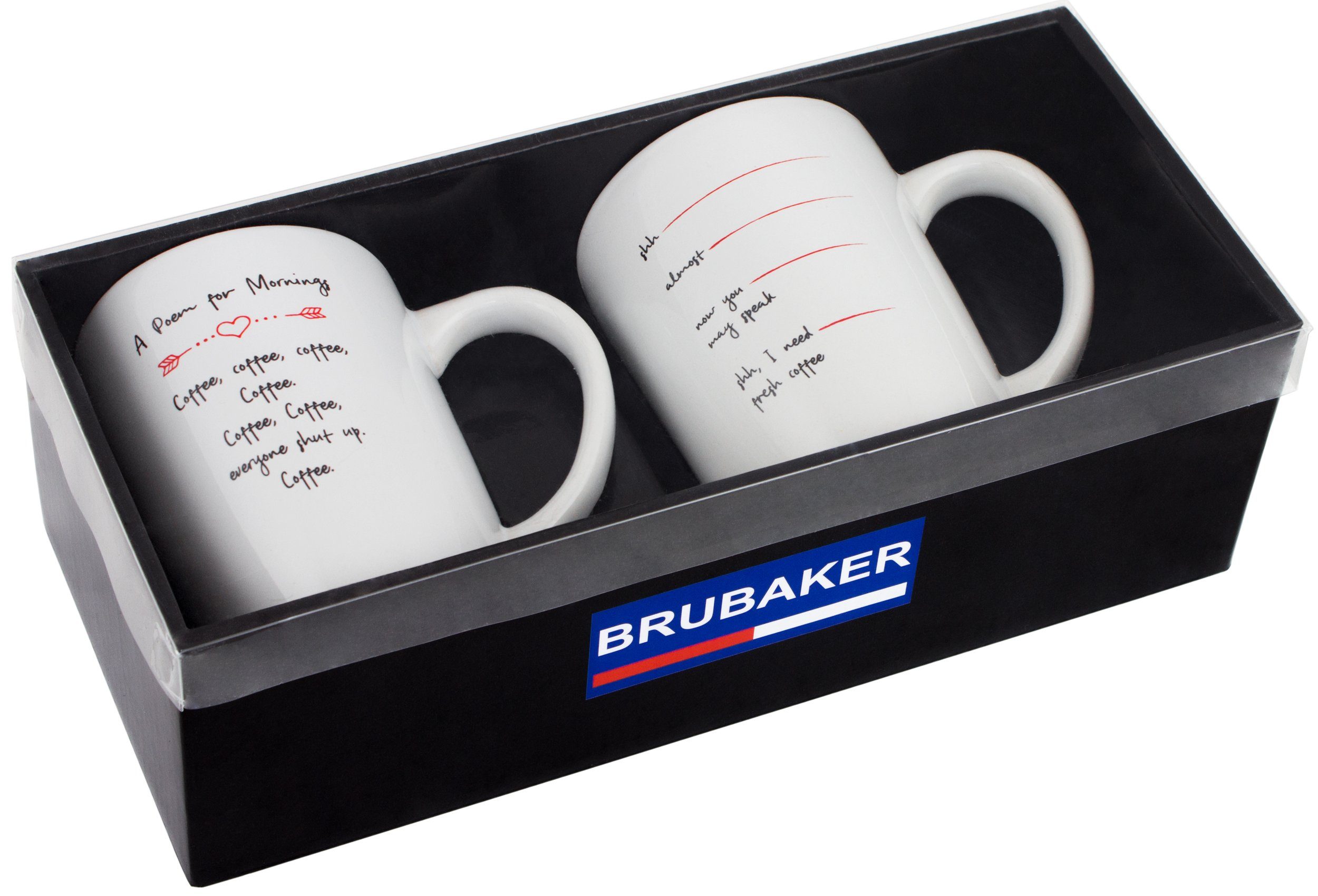 BRUBAKER Tasse 2er-Set Motivtassen "A Poem..." und "shh -...", 4-tlg., Keramik, 2x Kaffeebecher in Geschenkpackung mit Grußkarte - mit Spruch lustig