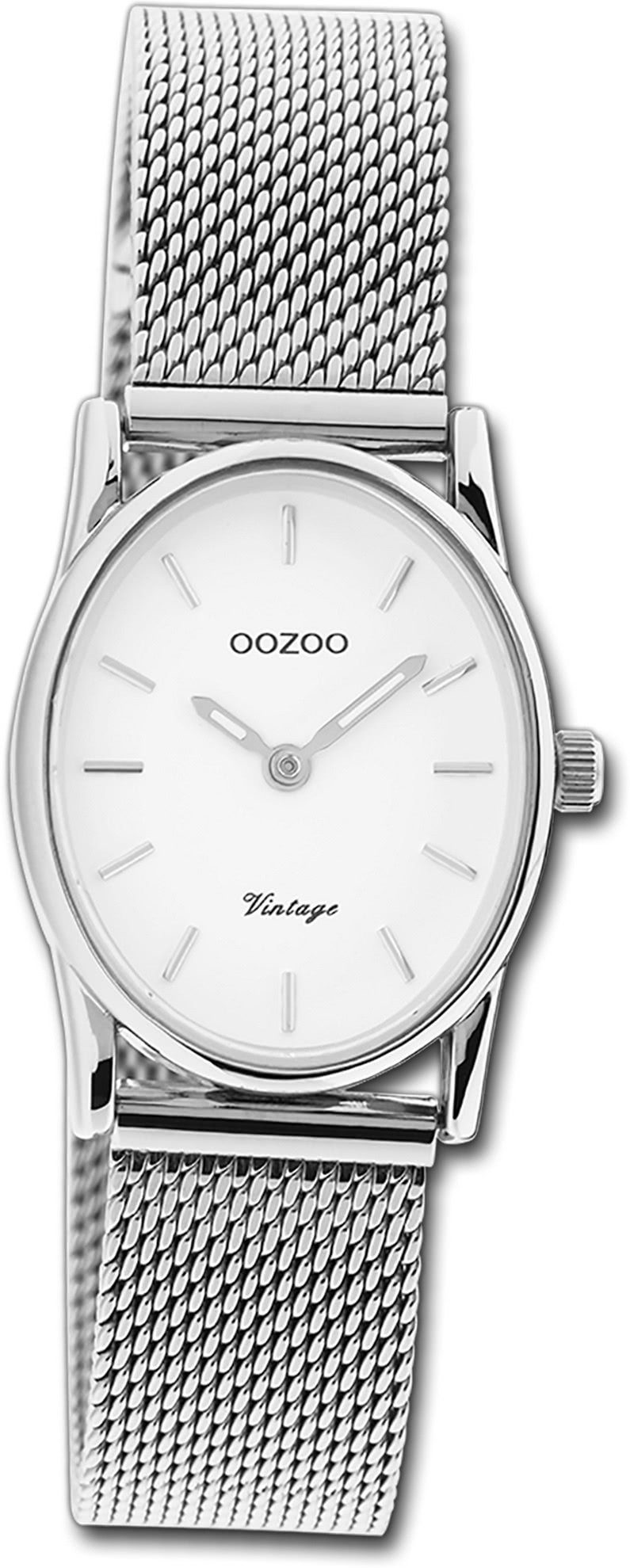 OOZOO Quarzuhr Oozoo Damen Armbanduhr Vintage Series, Damenuhr Metall, Mesharmband silber, ovales Gehäuse, klein (22,5x28mm)