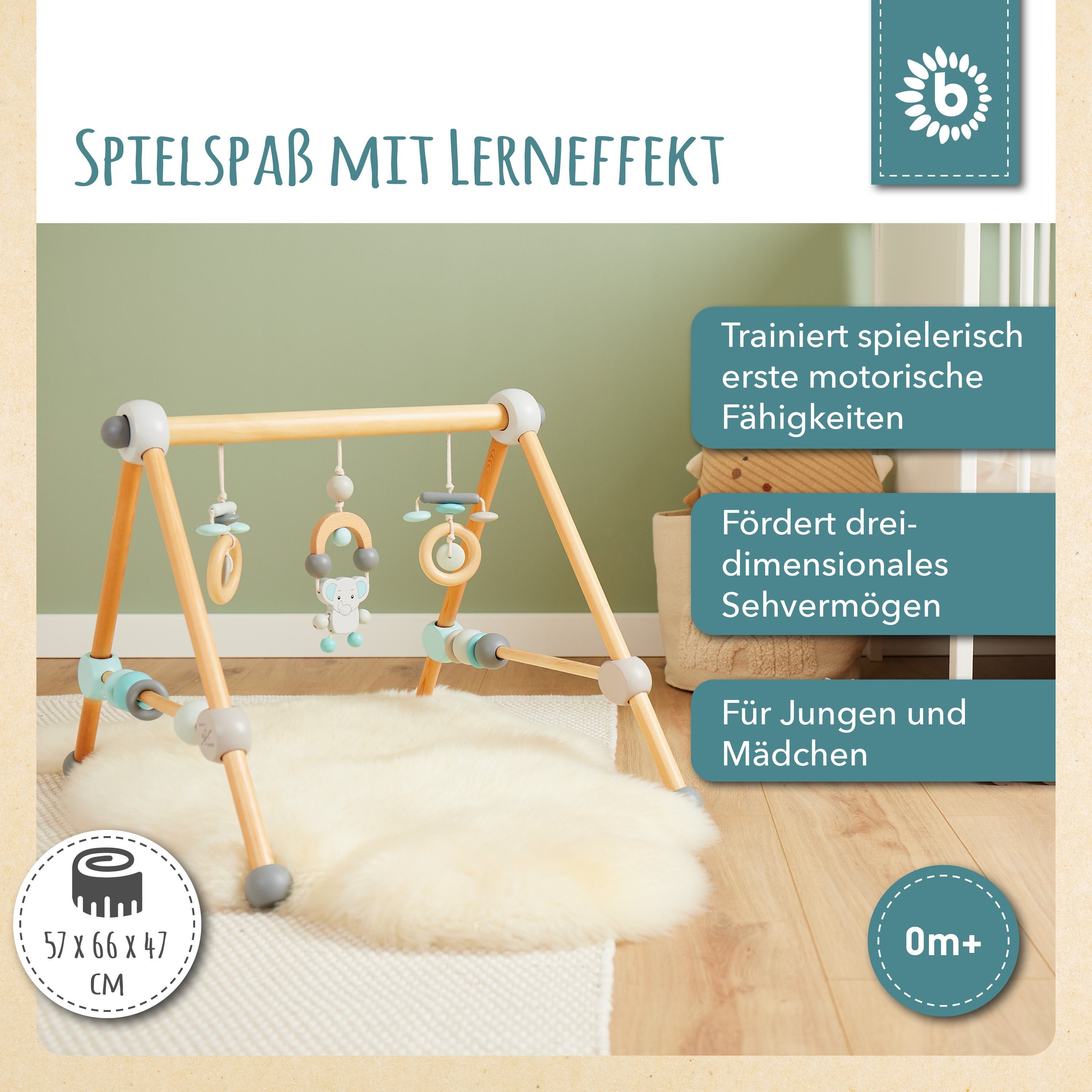 BIECO Baby Gym Bieco Spieltrapez Spielbogen Baby Holz mit Figuren & Kugeln