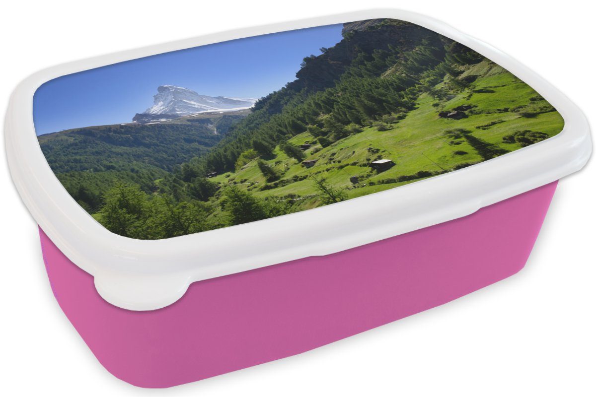 MuchoWow Lunchbox Schweizer Alpen im Erwachsene, rosa für Mädchen, Kunststoff Kinder, Bäumen, Snackbox, Kunststoff, Brotbox grünen (2-tlg), Matterhorn mit Brotdose
