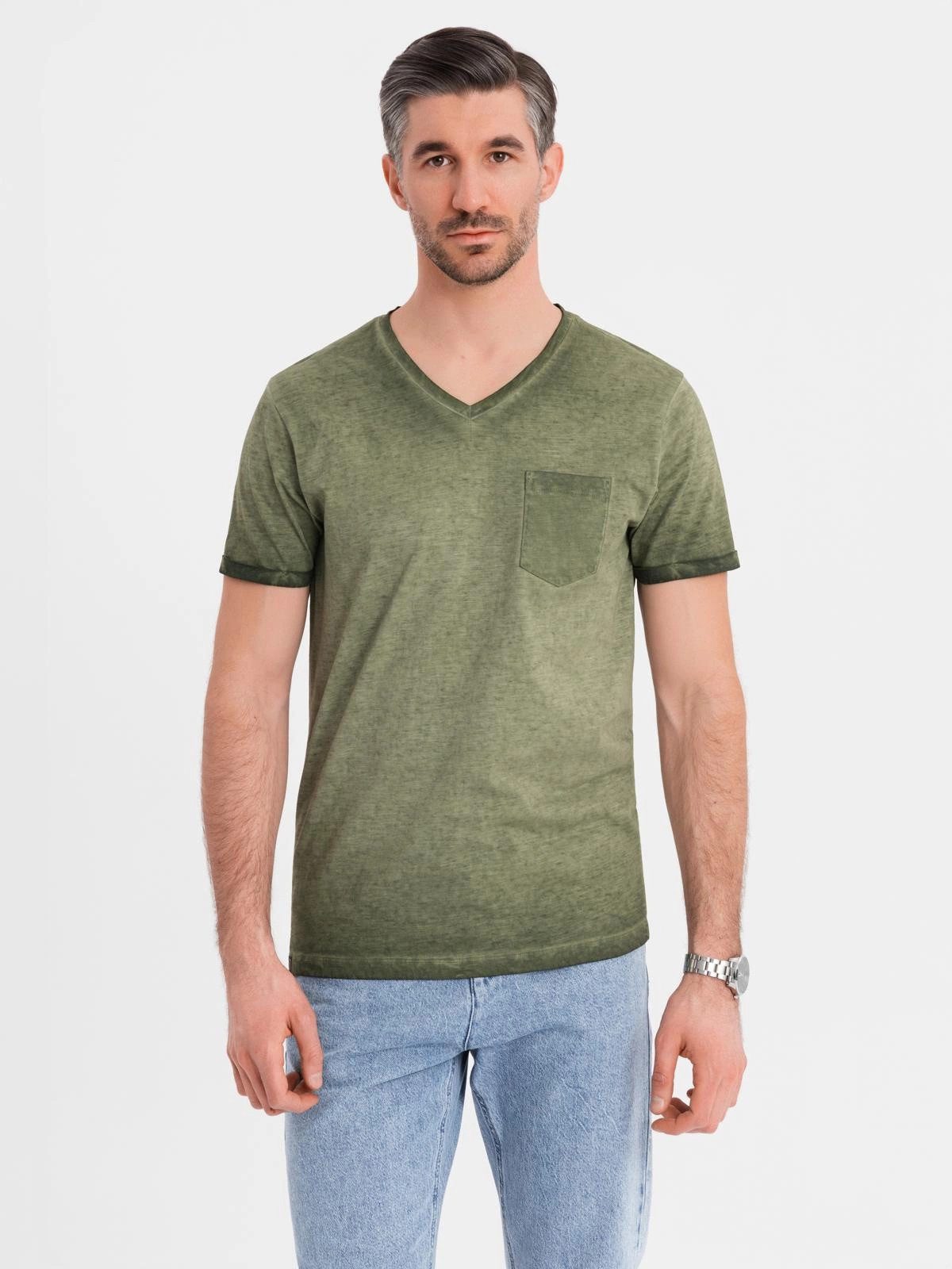 OMBRE Print-Shirt Herren-T-Shirt aus Baumwolle mit V-Ausschnitt und gewaschenem Effekt