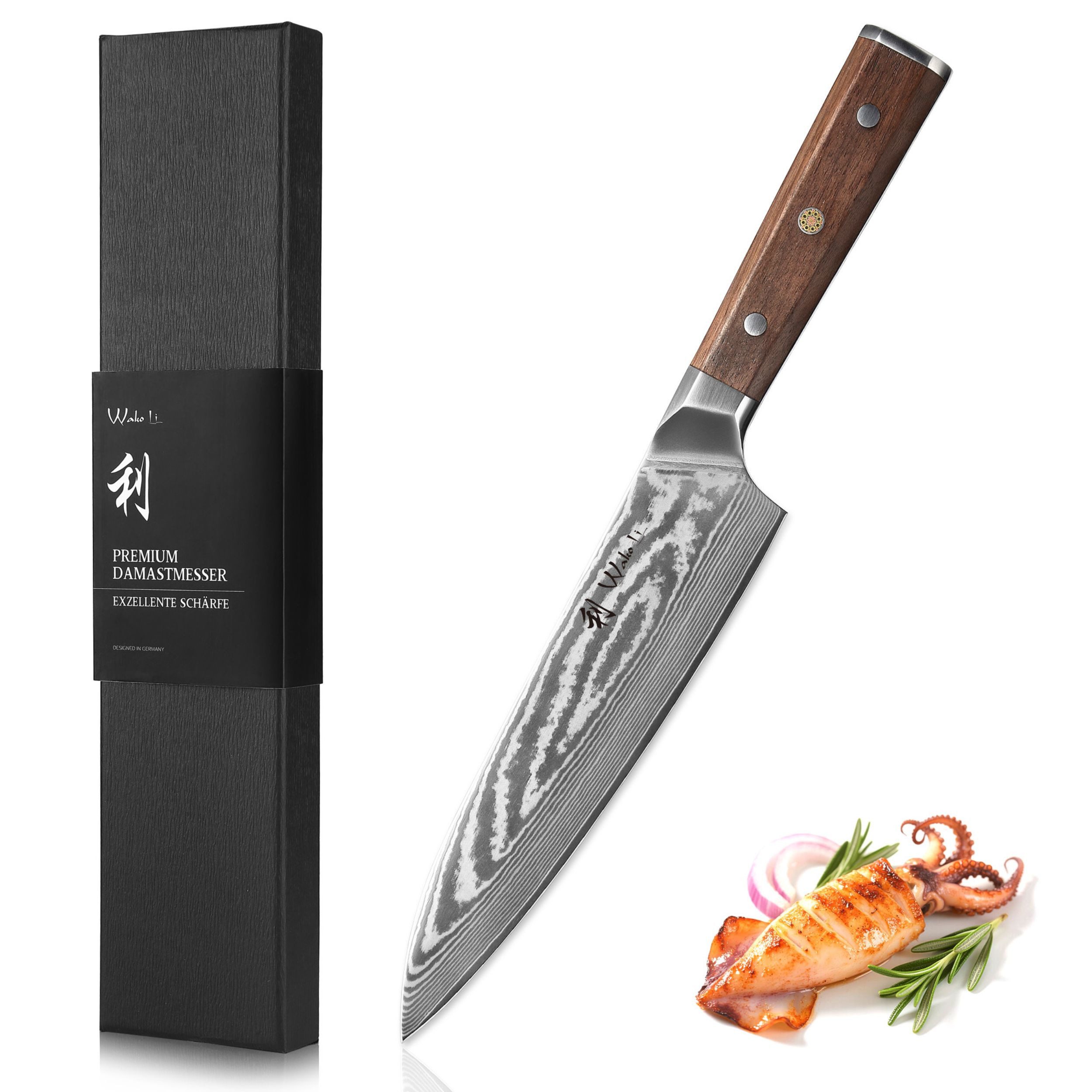 Wakoli Universalküchenmesser Hickory Damast Küchenmesser 20cm Klinge FullTang, Walnussholzgriff, Damaststahl, Full Tang, VG-10
