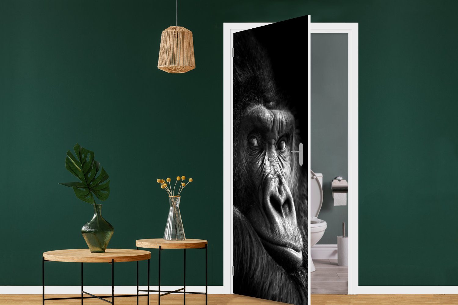 MuchoWow cm - Tür, Weiß St), bedruckt, - - für Schwarz Fototapete - Porträt, Türtapete Affe 75x205 (1 Matt, Türaufkleber, Gorilla